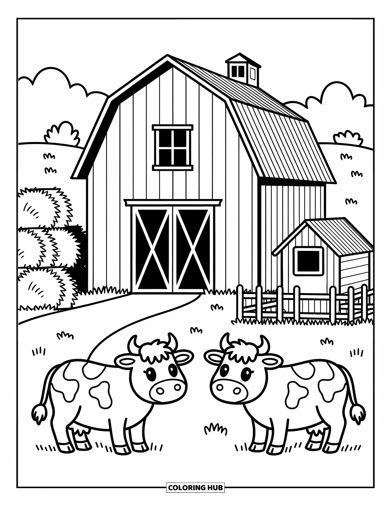 Barn Coloring Page for Adults: Stacked hay and a coop sit near a barn with kawaii cows in grassy fields