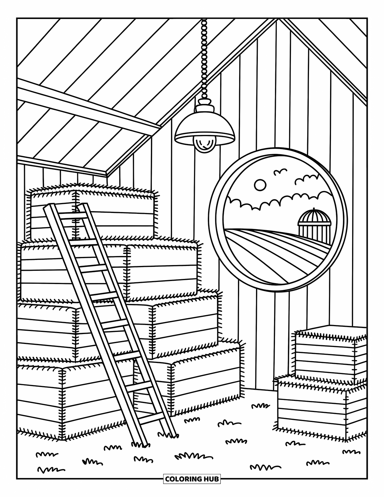 Barn Coloring Page for Adults: Stacks of hay and crates fill a barn loft with a view of distant fields