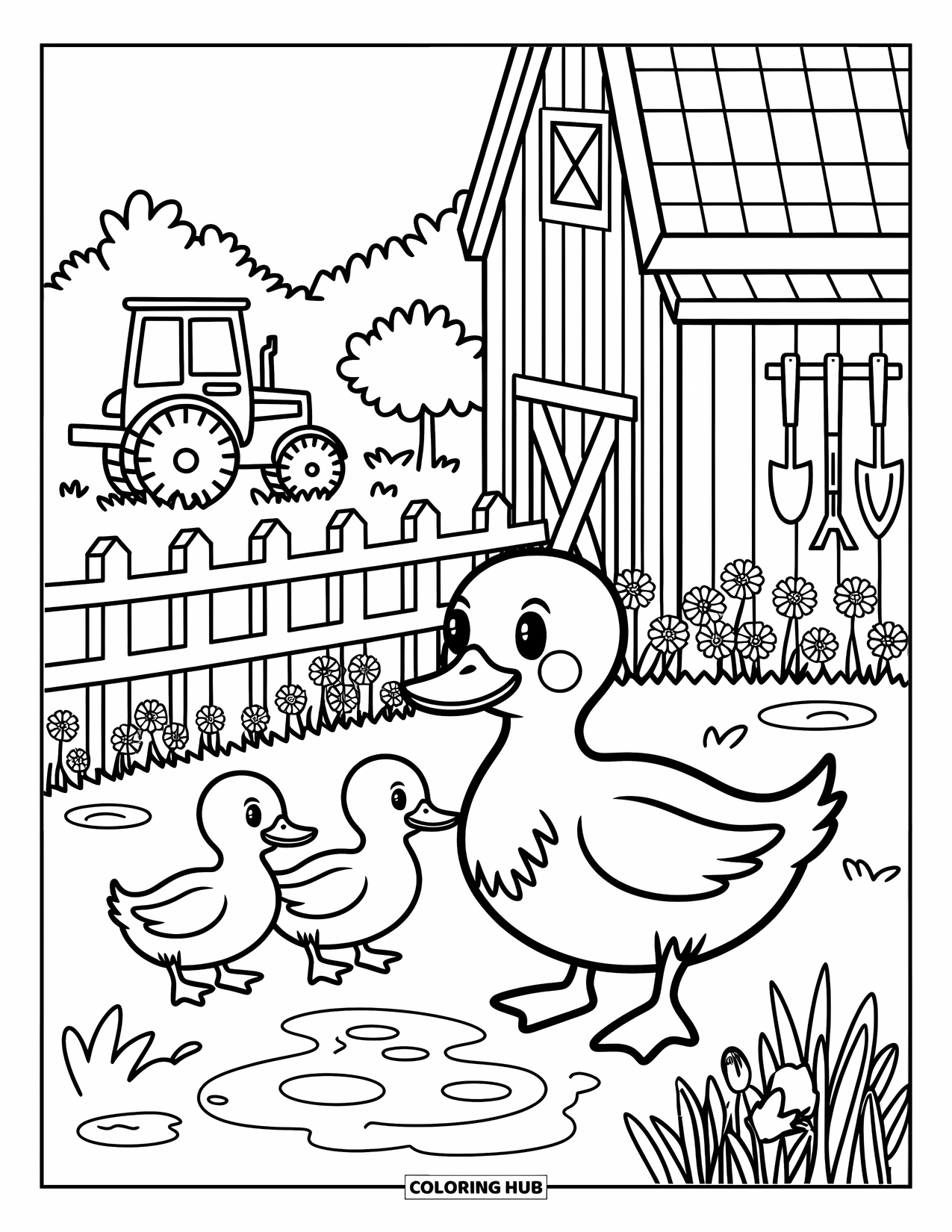 Barn Coloring Page for Adults: Two ducklings follow their mother near a pond, flowers, and a barn