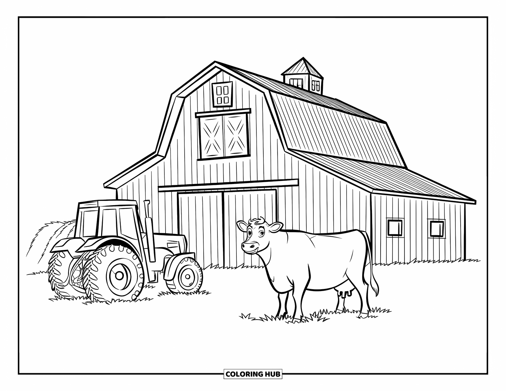 Barn Coloring Page for Kids: A barn, a cow, and a tractor fill this open farm scene