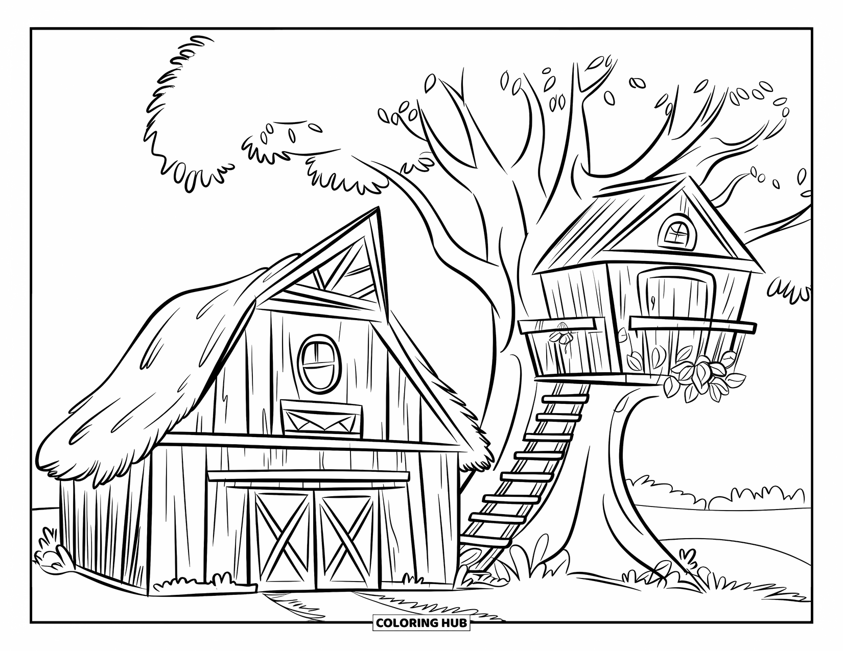 Barn Coloring Page for Kids: A barn and treehouse sit in a green field surrounded by leafy branches