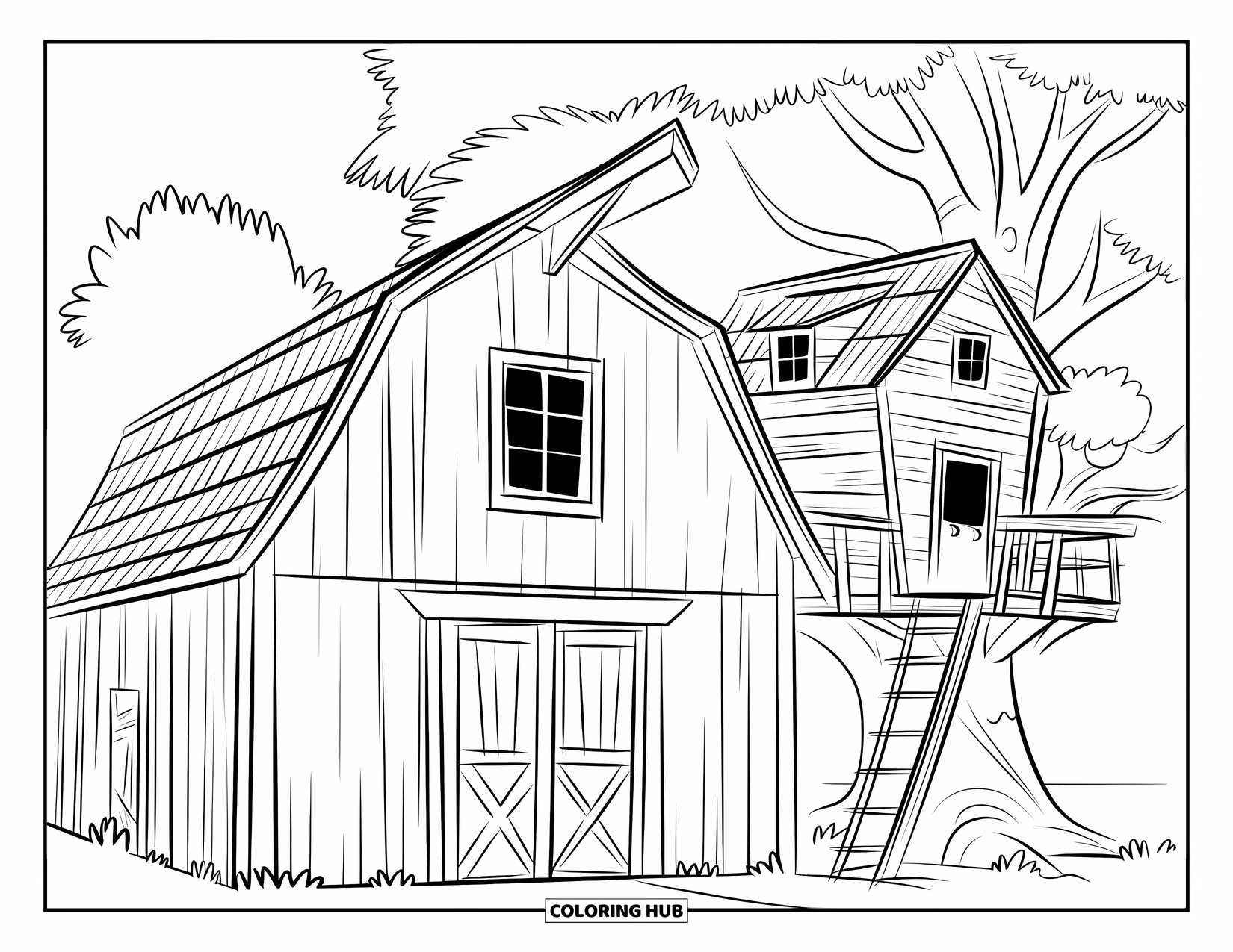 Barn Coloring Page for Kids: A barn and treehouse sit side by side beneath tall trees