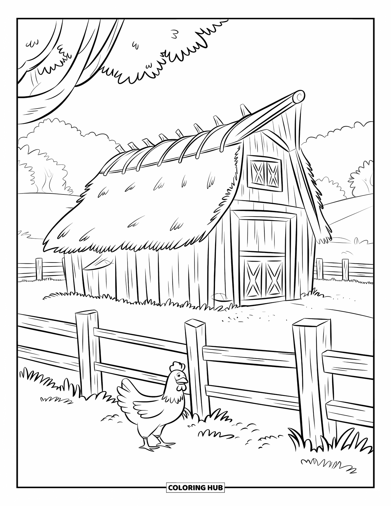 Barn Coloring Page for Kids: A barn sits in a field surrounded by a fence and a busy chicken