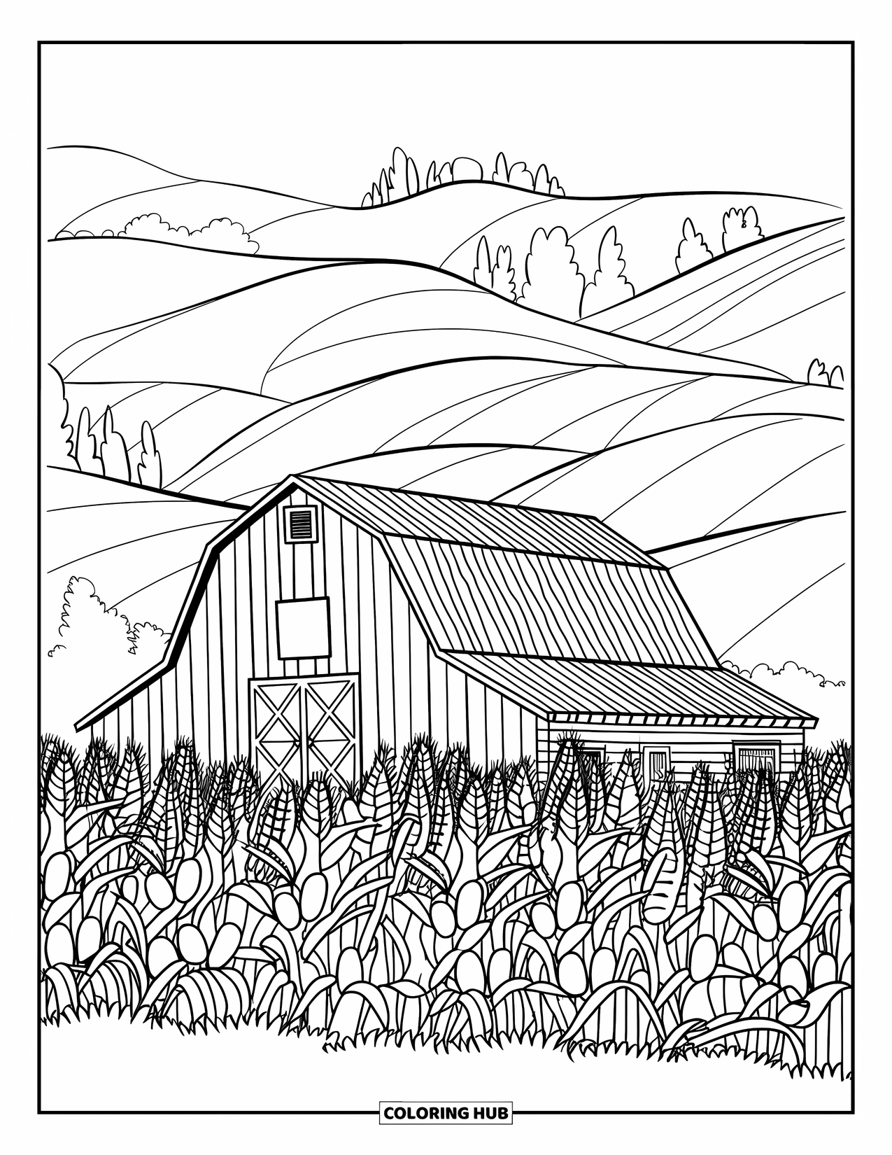 Barn Coloring Page for Kids: A barn sits in the middle of a tall cornfield with hills beyond