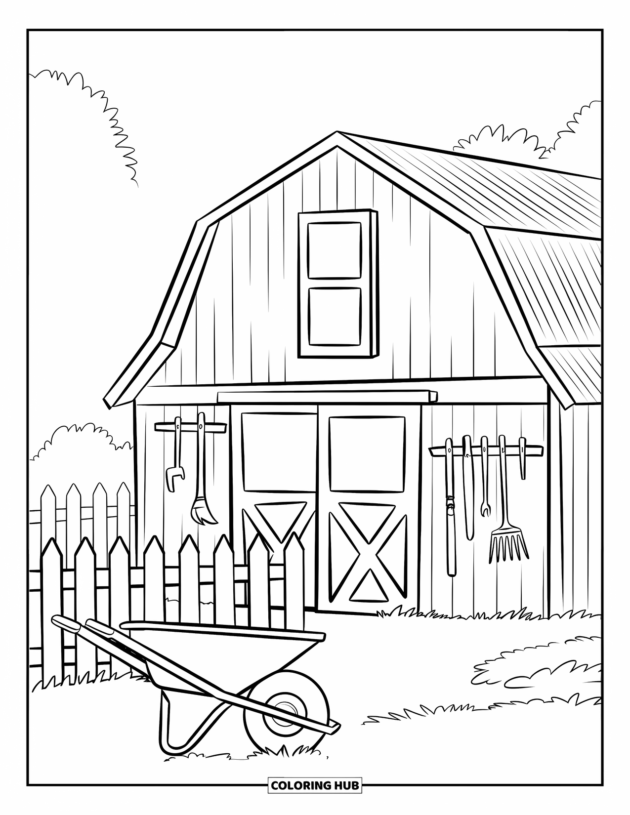 Barn Coloring Page for Kids: A barn stands behind a white fence with tools and a wheelbarrow out front