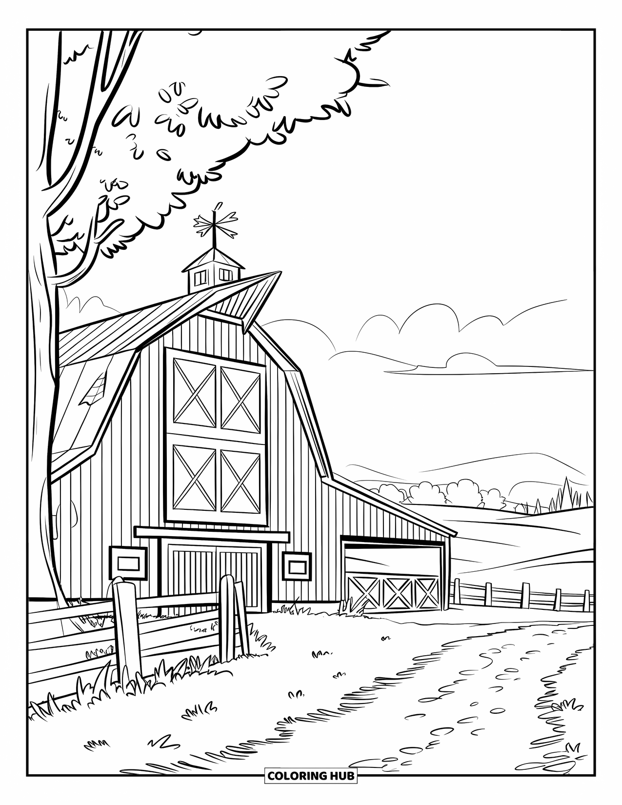 Barn Coloring Page for Kids: A barn with a dirt path and weather vane rests near trees and hills