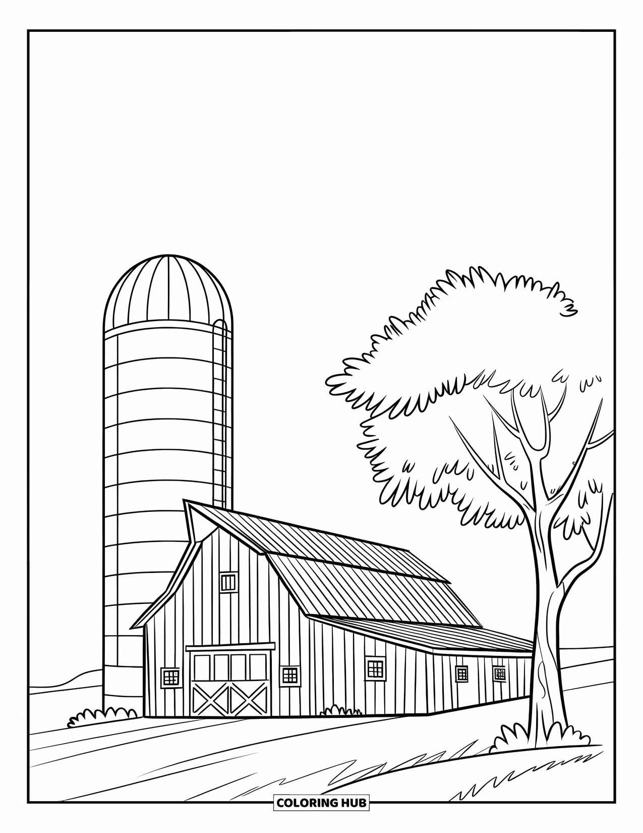 Barn Coloring Page for Kids: A barn with a door and windows stands beside a silo and a leafy tree