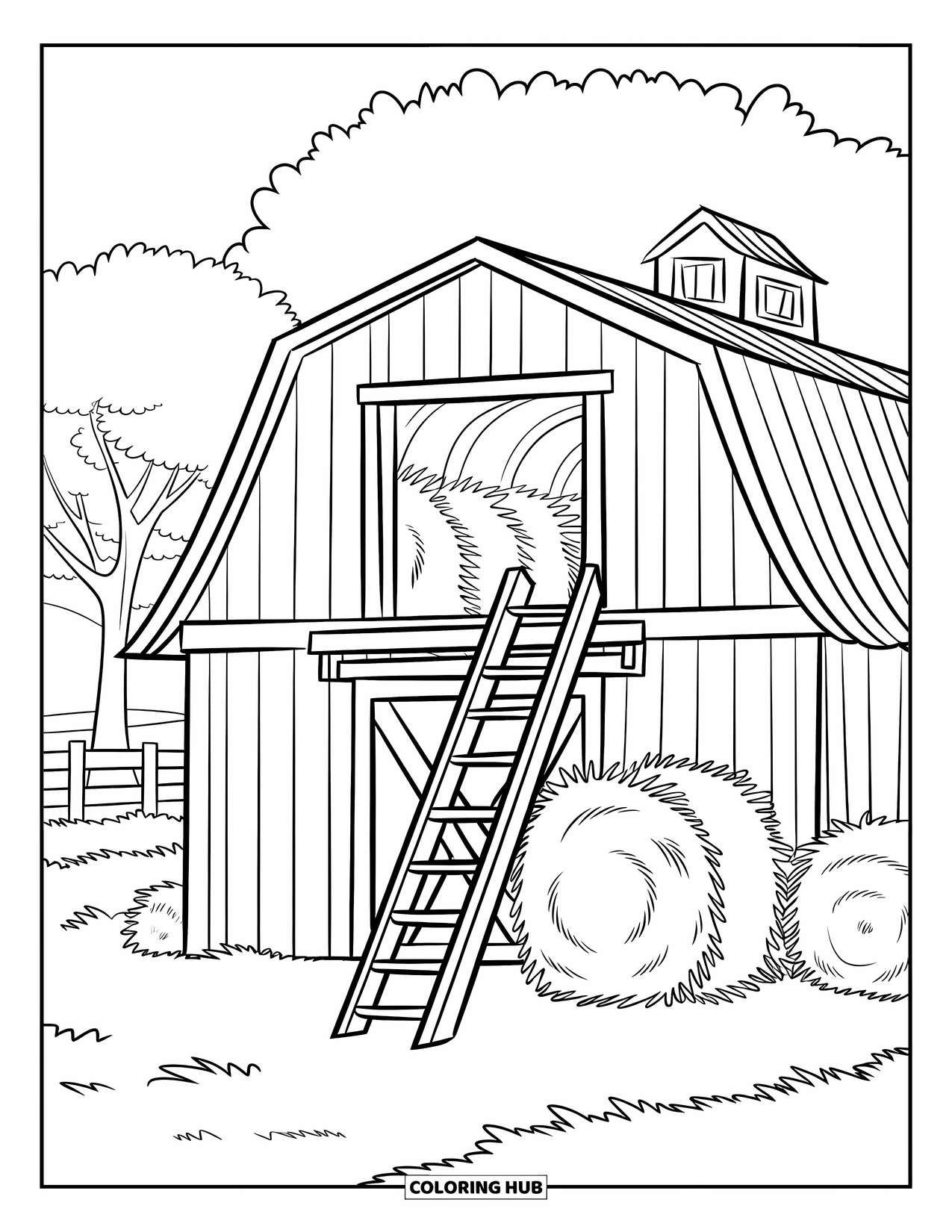Barn Coloring Page for Kids: A barn with a hayloft ladder stands near trees and a fence