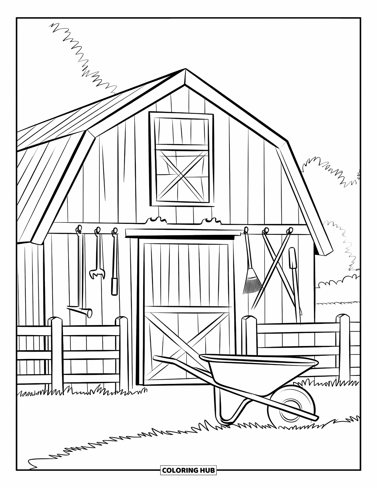 Barn Coloring Page for Kids: A barn with a red door stands near a white fence and scattered tools