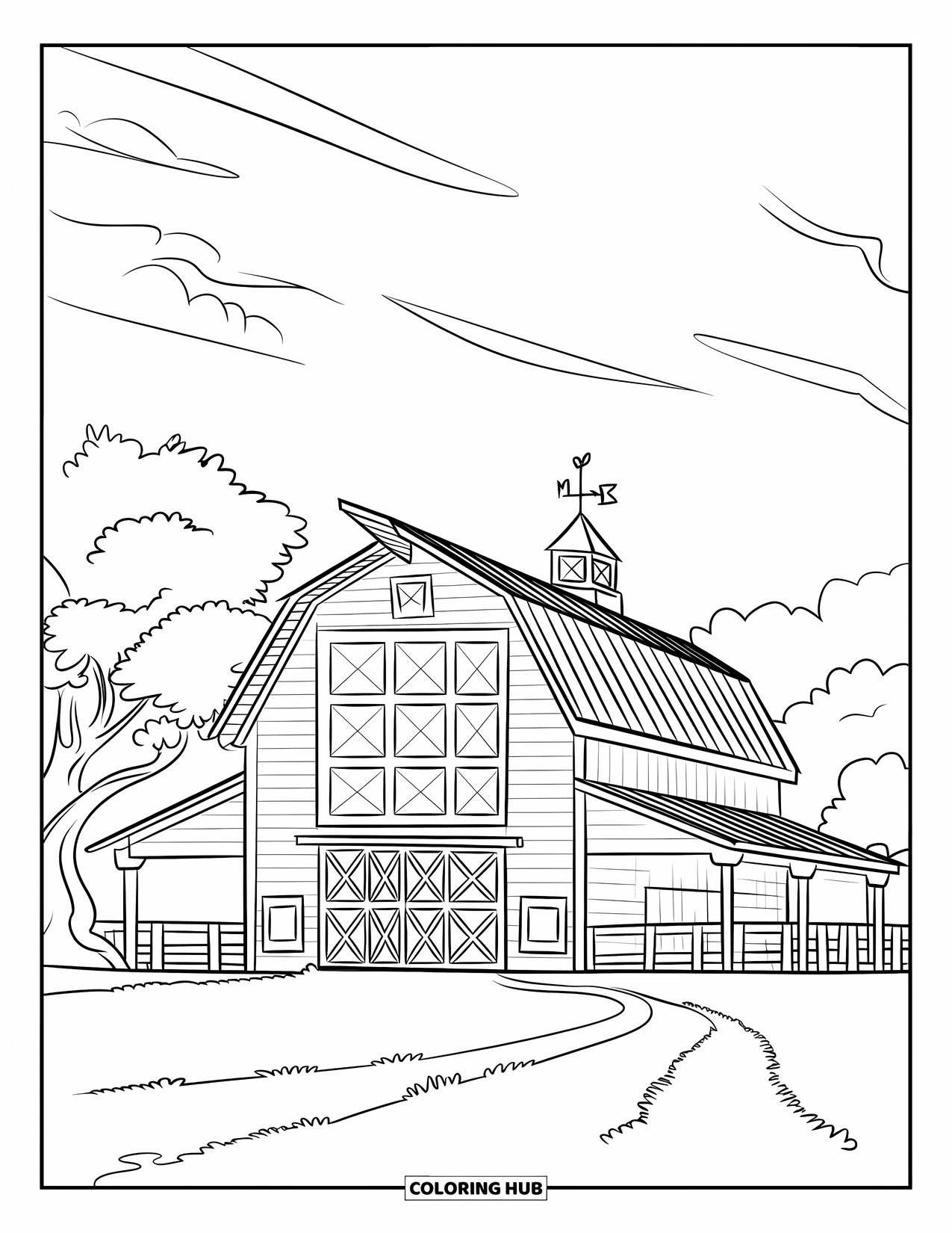 Barn Coloring Page for Kids: A barn with a red roof and big windows sits behind a white fence