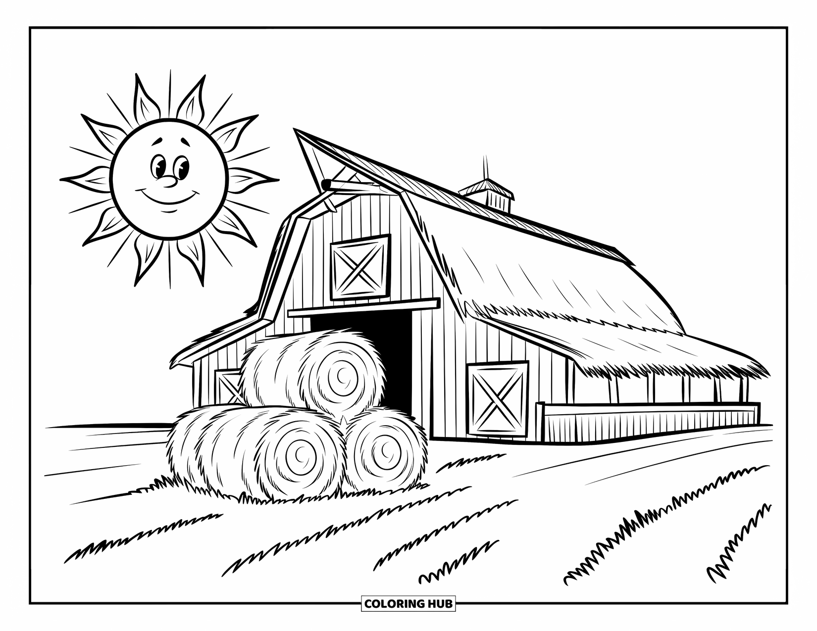 Barn Coloring Page for Kids: A big barn sits beneath a smiling sun with hay bales out front