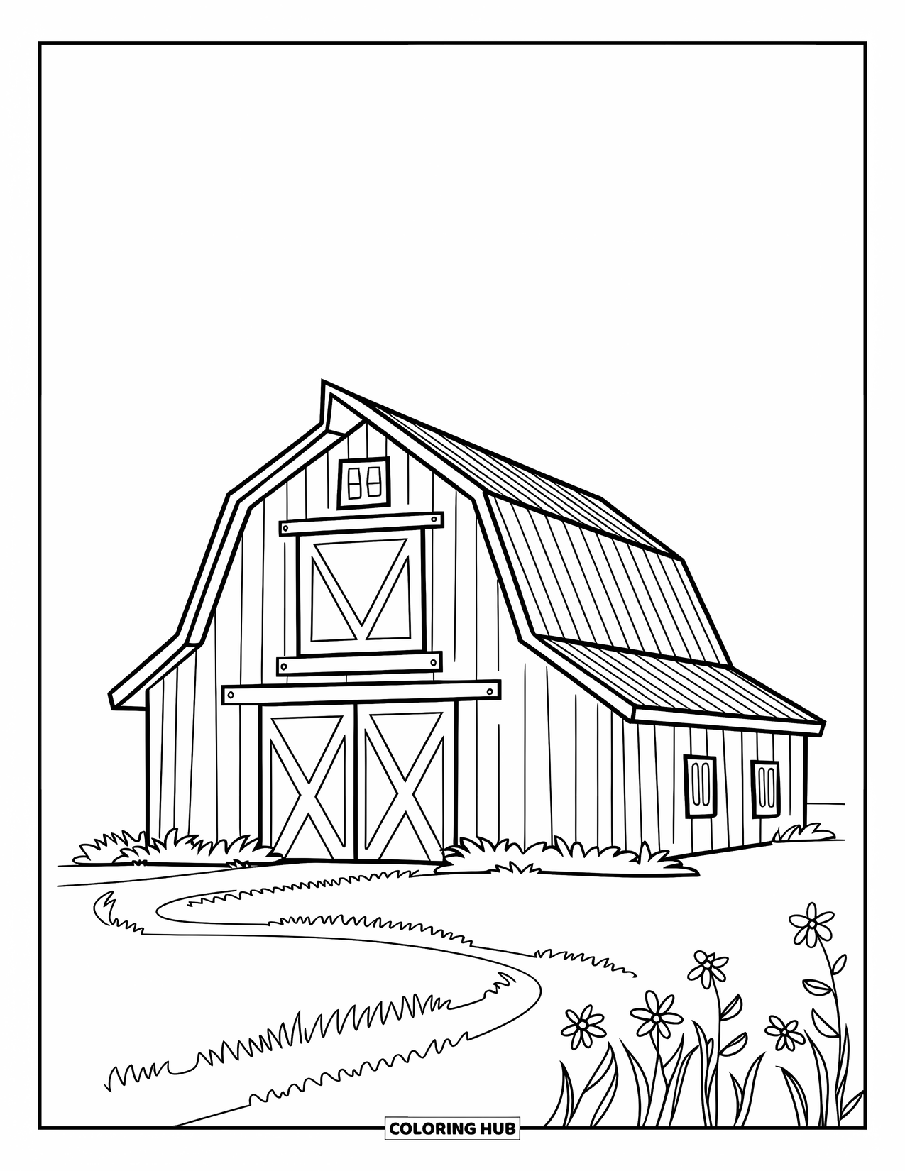 Barn Coloring Page for Kids: A cheerful barn with small windows sits on wavy grass with a few flowers