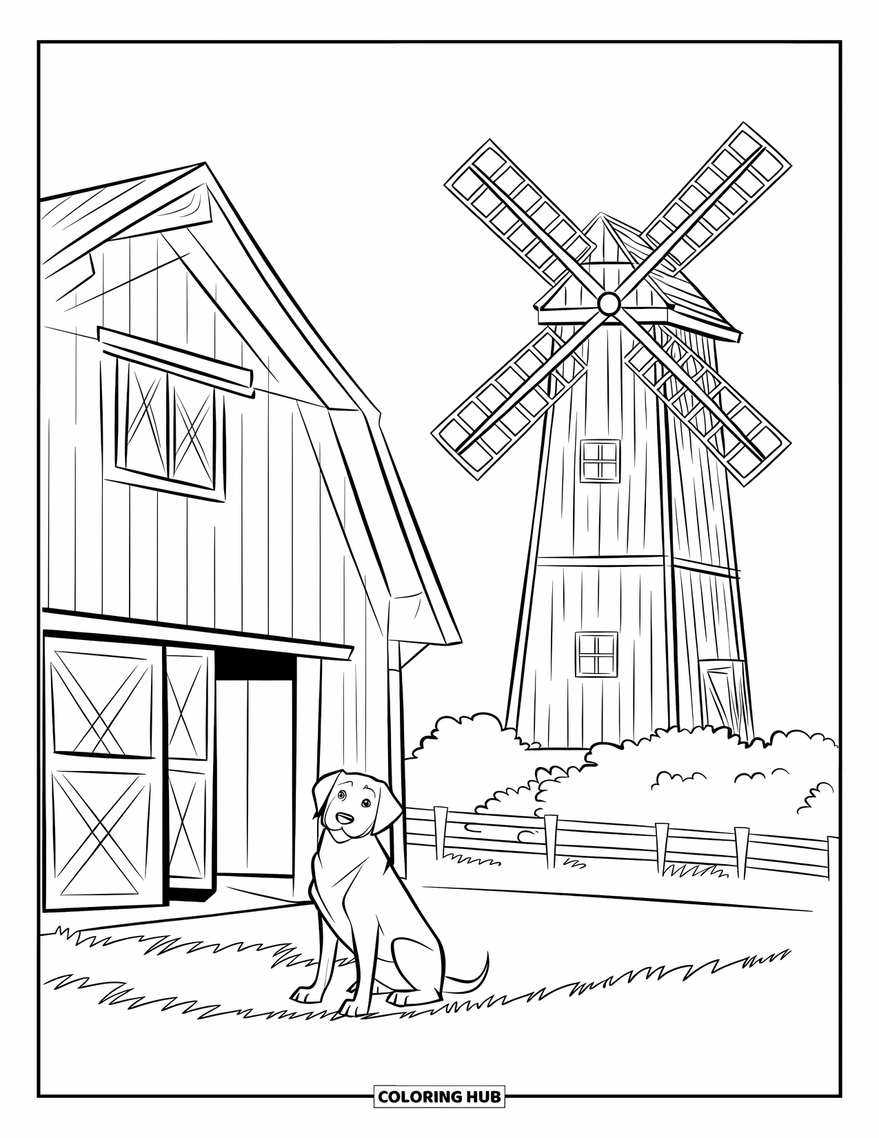 Barn Coloring Page for Kids: A cheerful dog sits near a red-roofed barn and wooden windmill