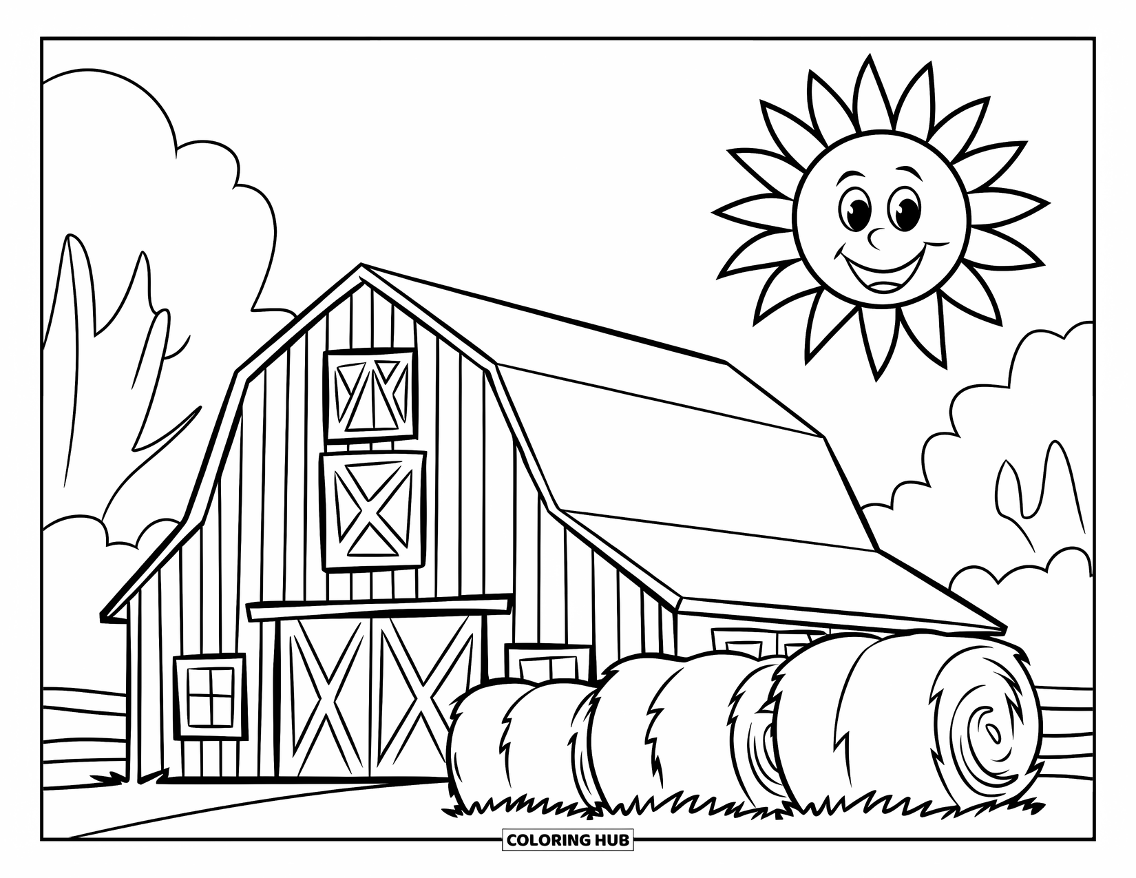 Barn Coloring Page for Kids: A cheerful sun beams above a barn and a few stacked hay bales