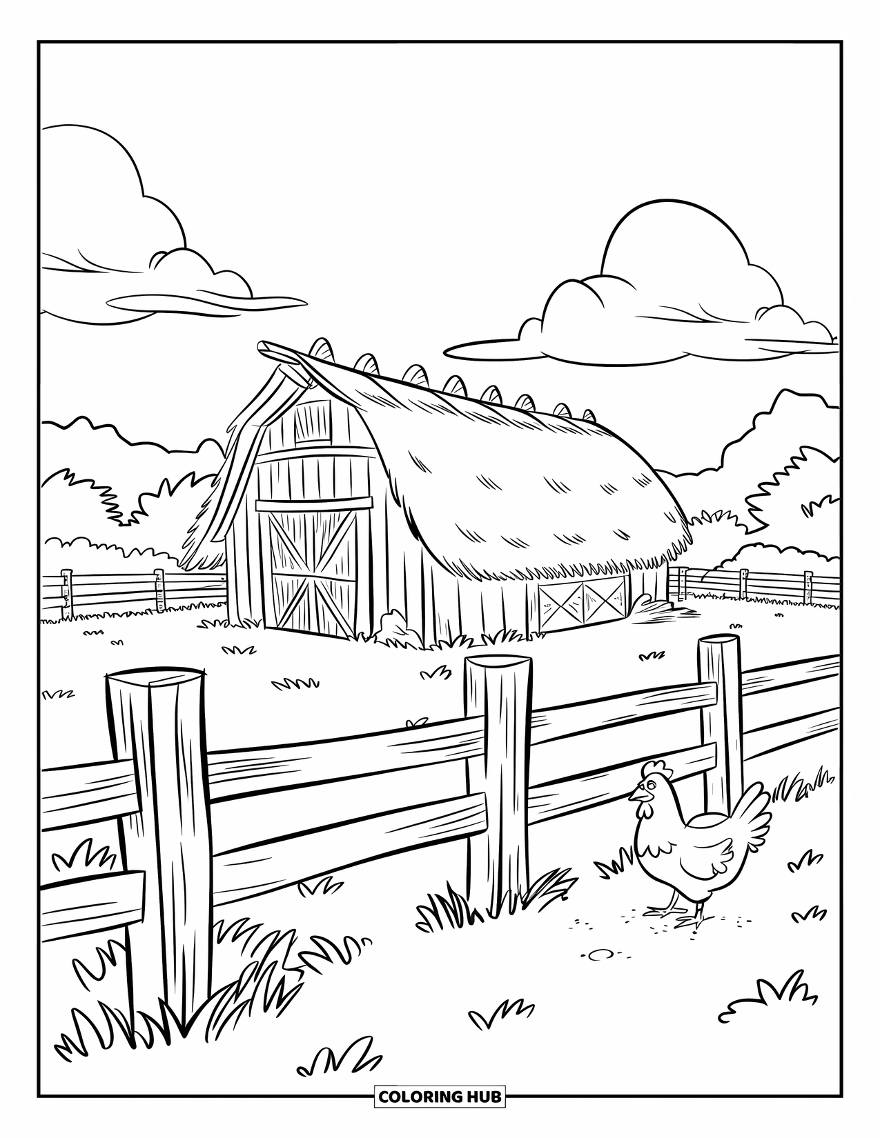 Barn Coloring Page for Kids: A chicken pecks the ground near a fenced-in barn with a thatched roof