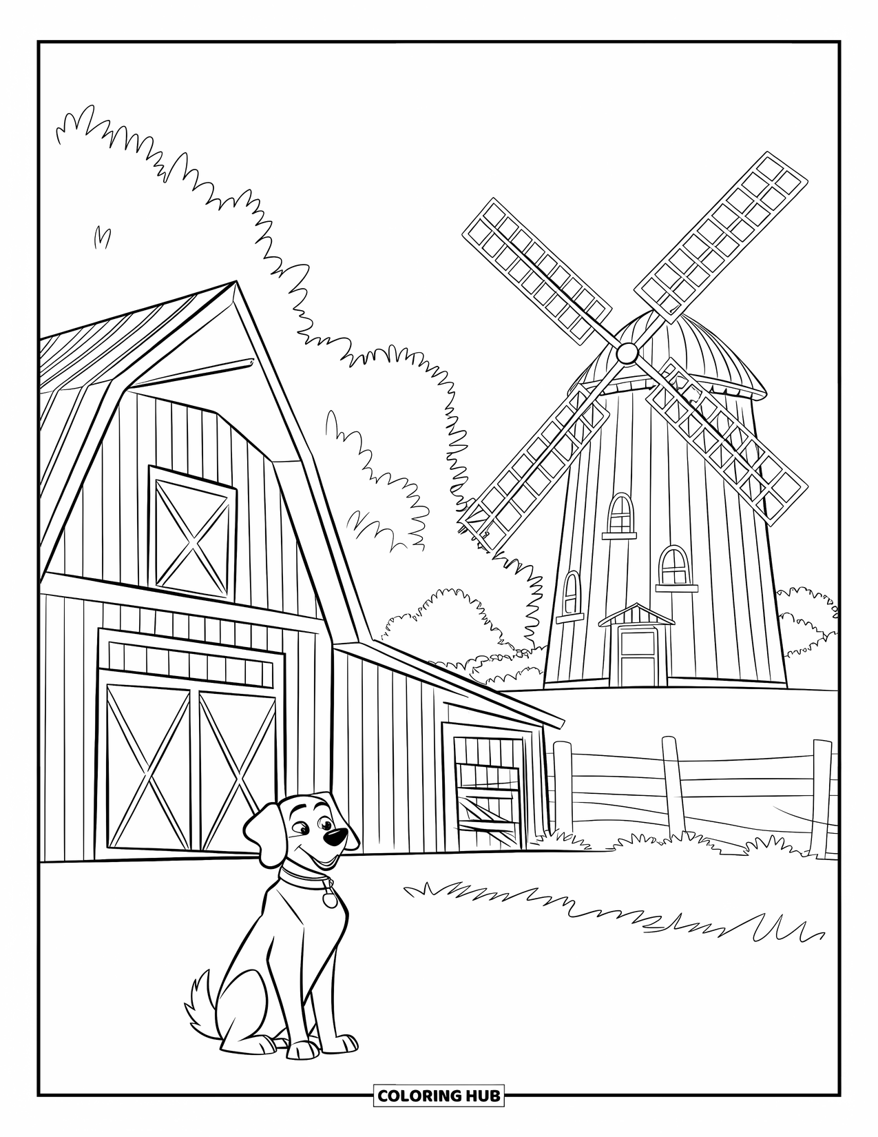 Barn Coloring Page for Kids: A collared dog sits near a barn with trees and clouds in the background