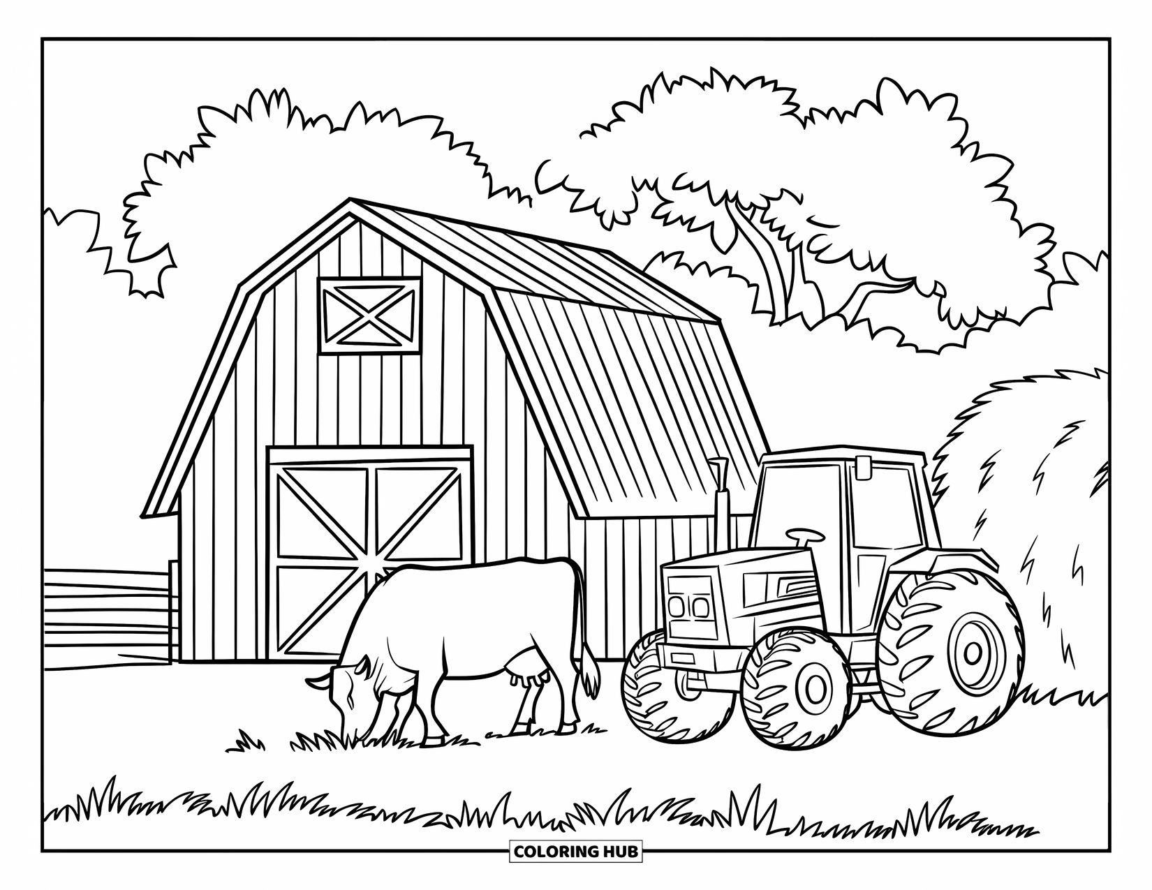 Barn Coloring Page for Kids: A cow eats grass beside a barn and hay-filled tractor