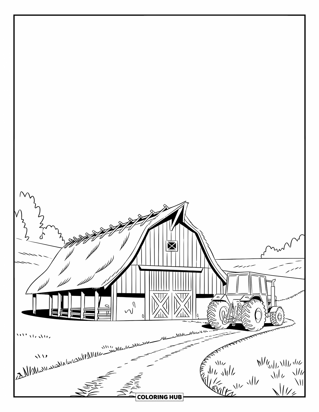 Barn Coloring Page for Kids: A cozy barn and tractor sit in a wide, open field