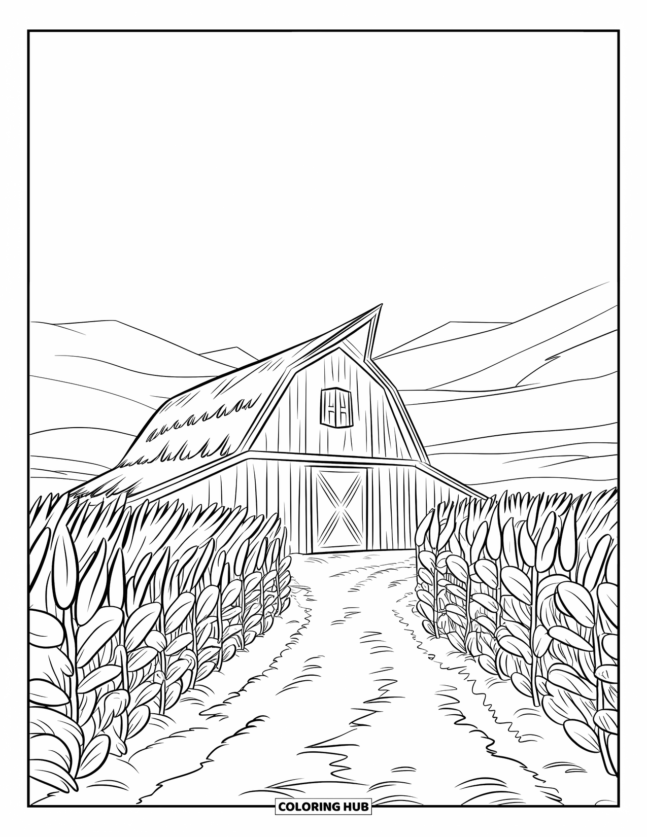 Barn Coloring Page for Kids: A cozy barn sits among tall crops with a dirt path winding to the door