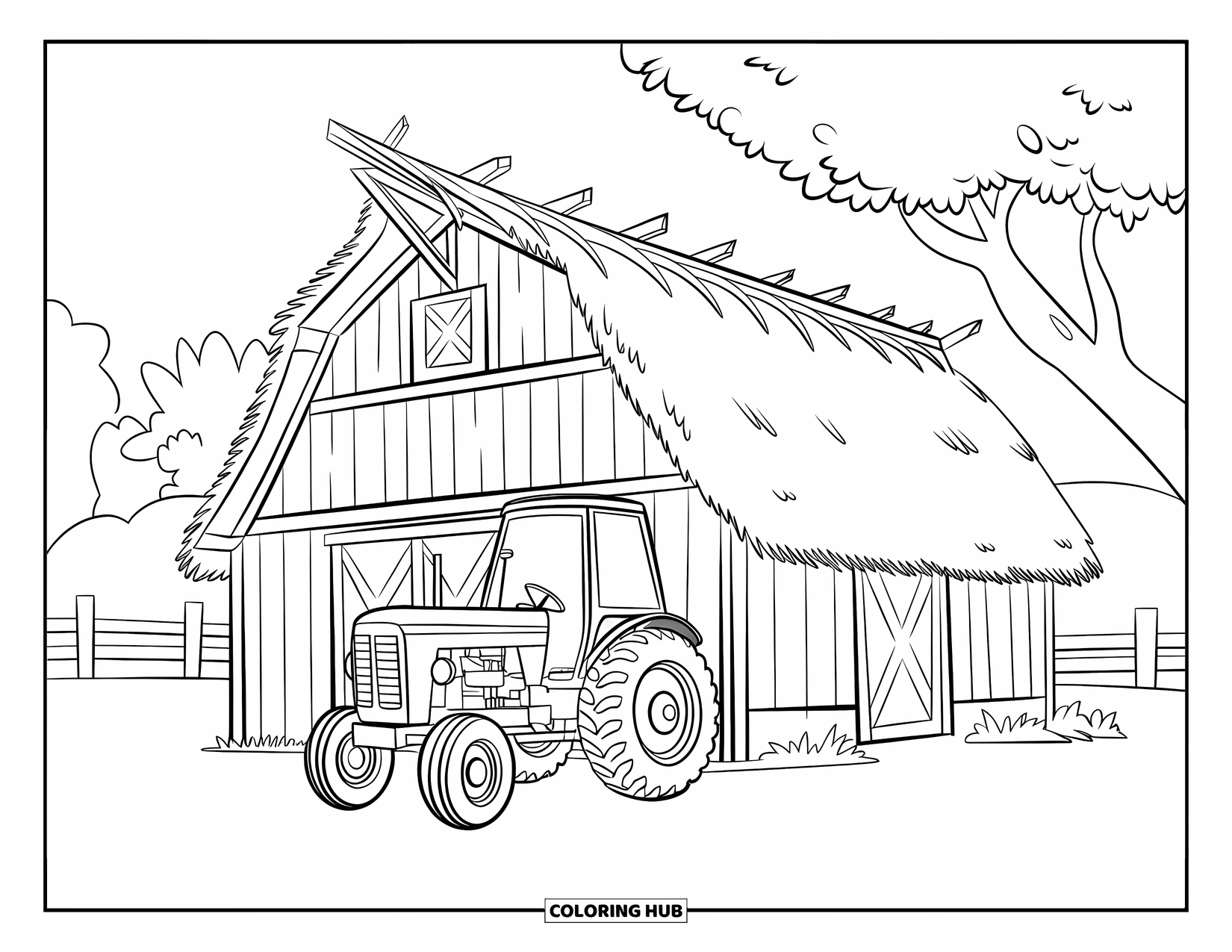 Barn Coloring Page for Kids: A cozy barn stands beside a little tractor and a wooden fence