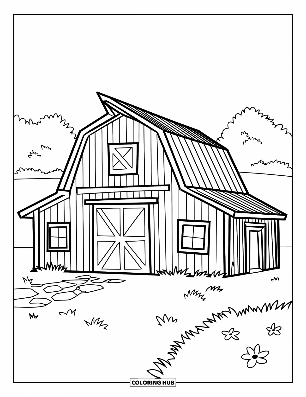Barn Coloring Page for Kids: A cozy barn stands on grass with little flowers nearby