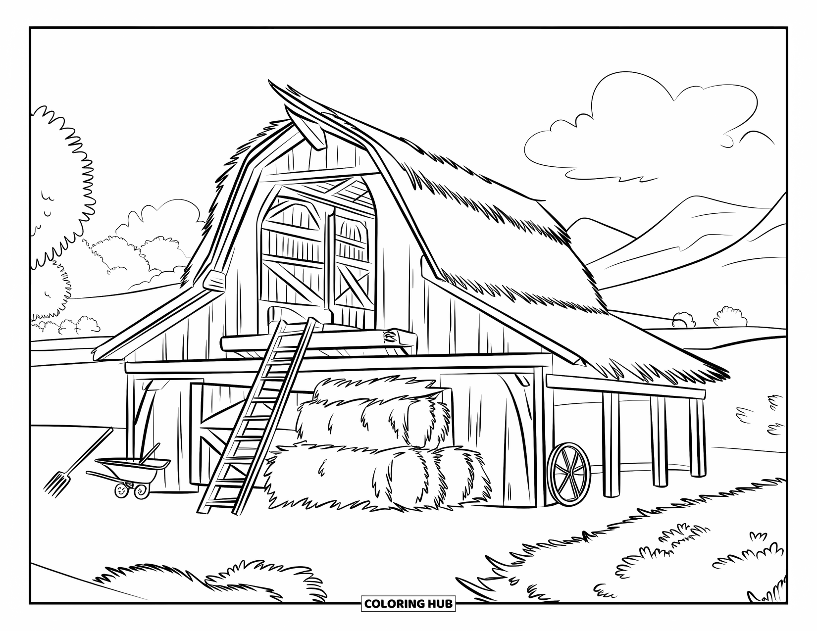 Barn Coloring Page for Kids: A cozy barn with hay and tools sits among trees and mountains