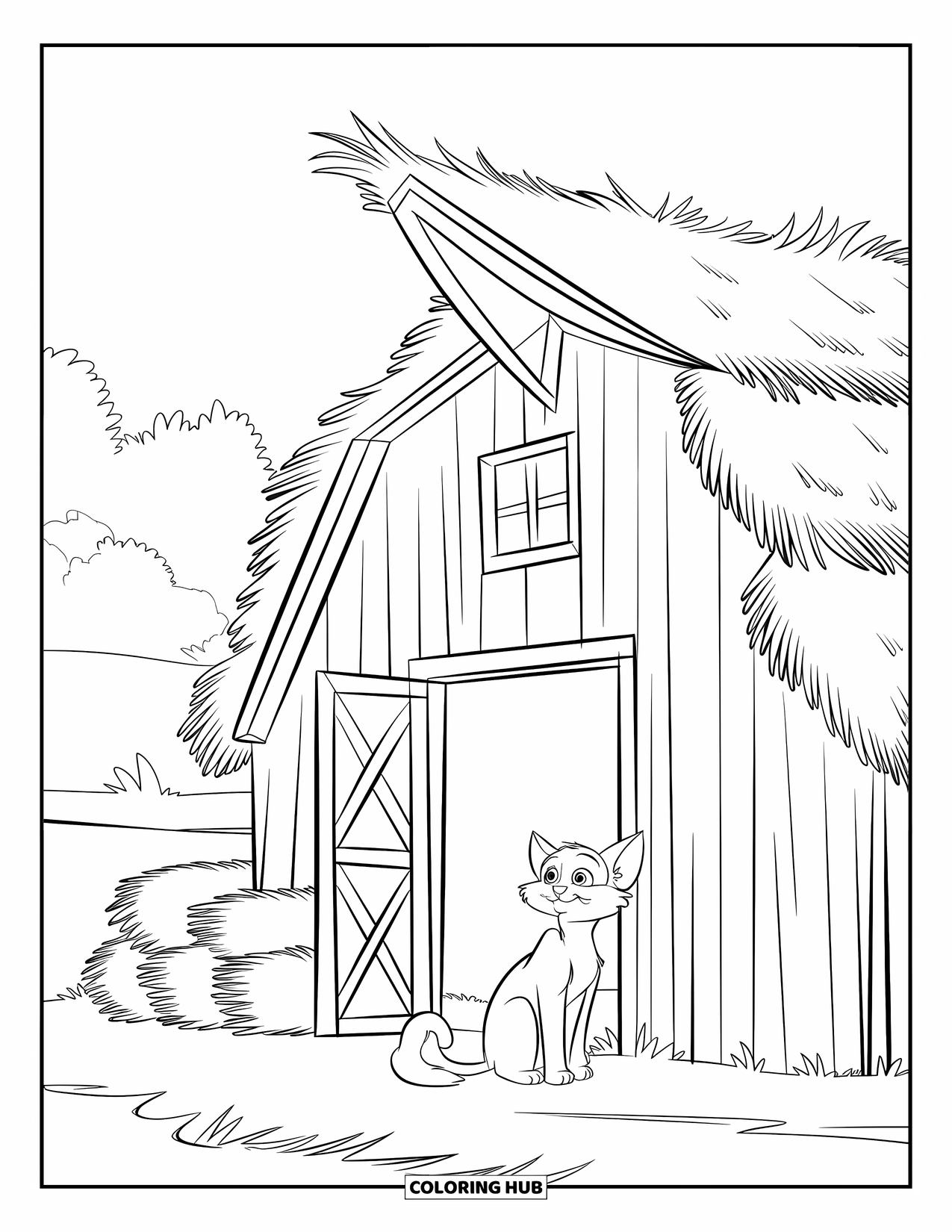 Barn Coloring Page for Kids: A curious cat watches from a barn doorway with trees in the distance