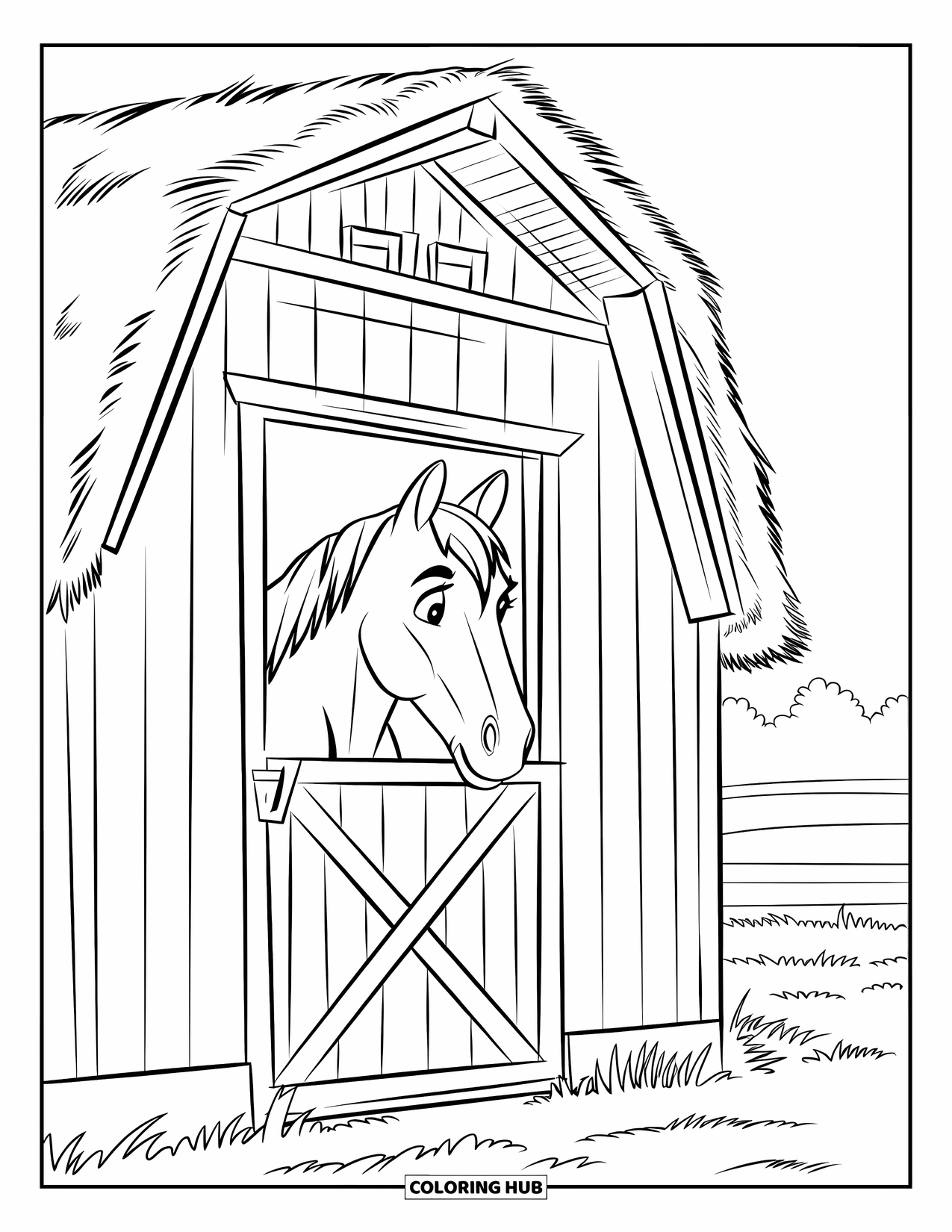 Barn Coloring Page for Kids: A curious horse looks out from a wooden barn surrounded by wildflowers
