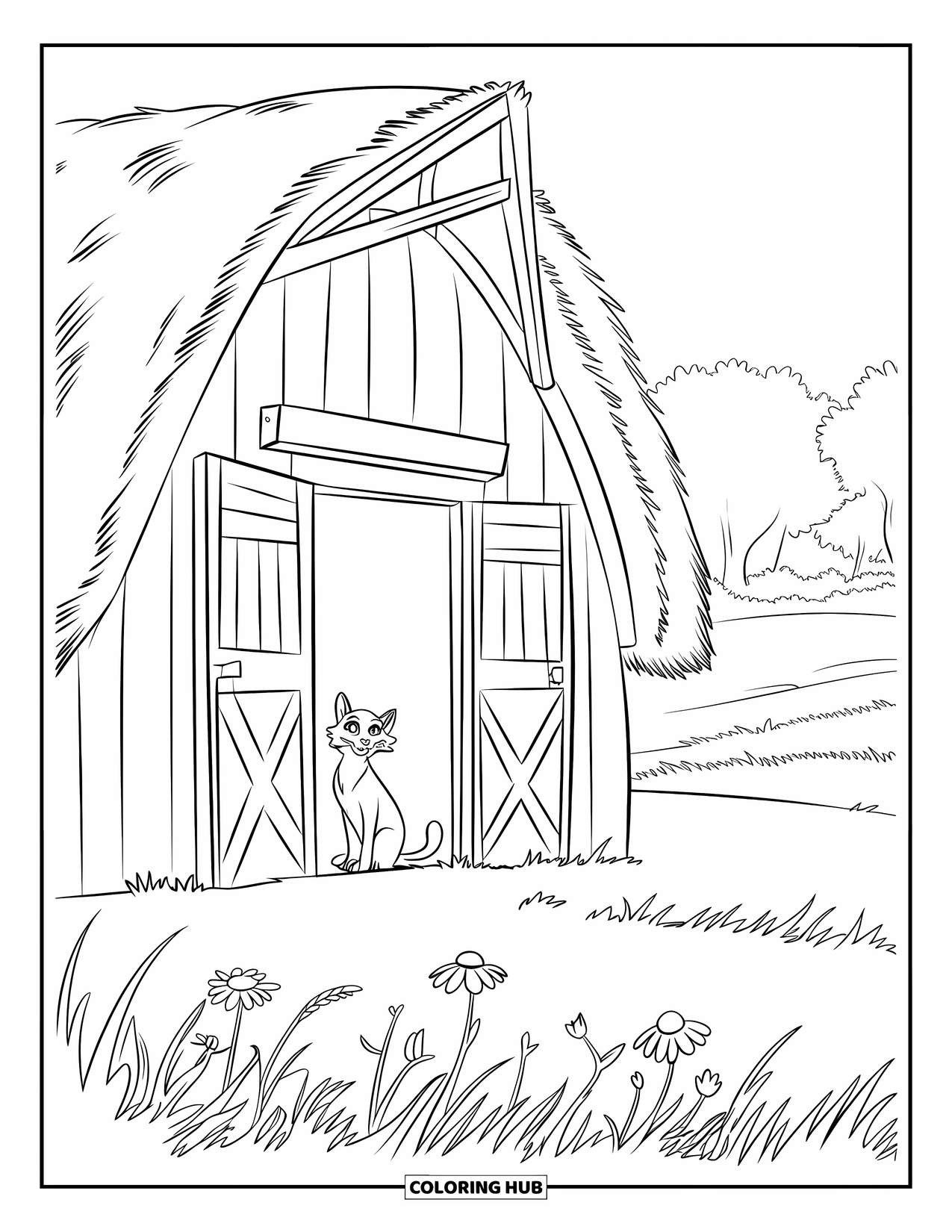 Barn Coloring Page for Kids: A fluffy barn cat rests beside an open door under a sunny sky