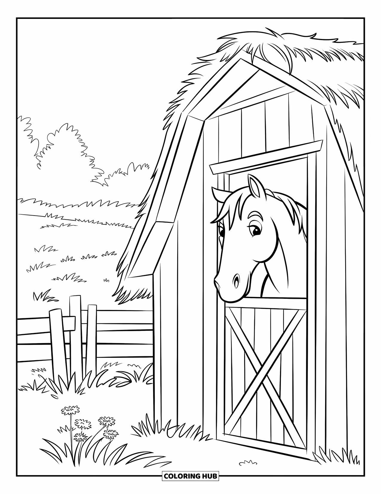 Barn Coloring Page for Kids: A gentle horse stands inside a barn with a fence and flowers outside
