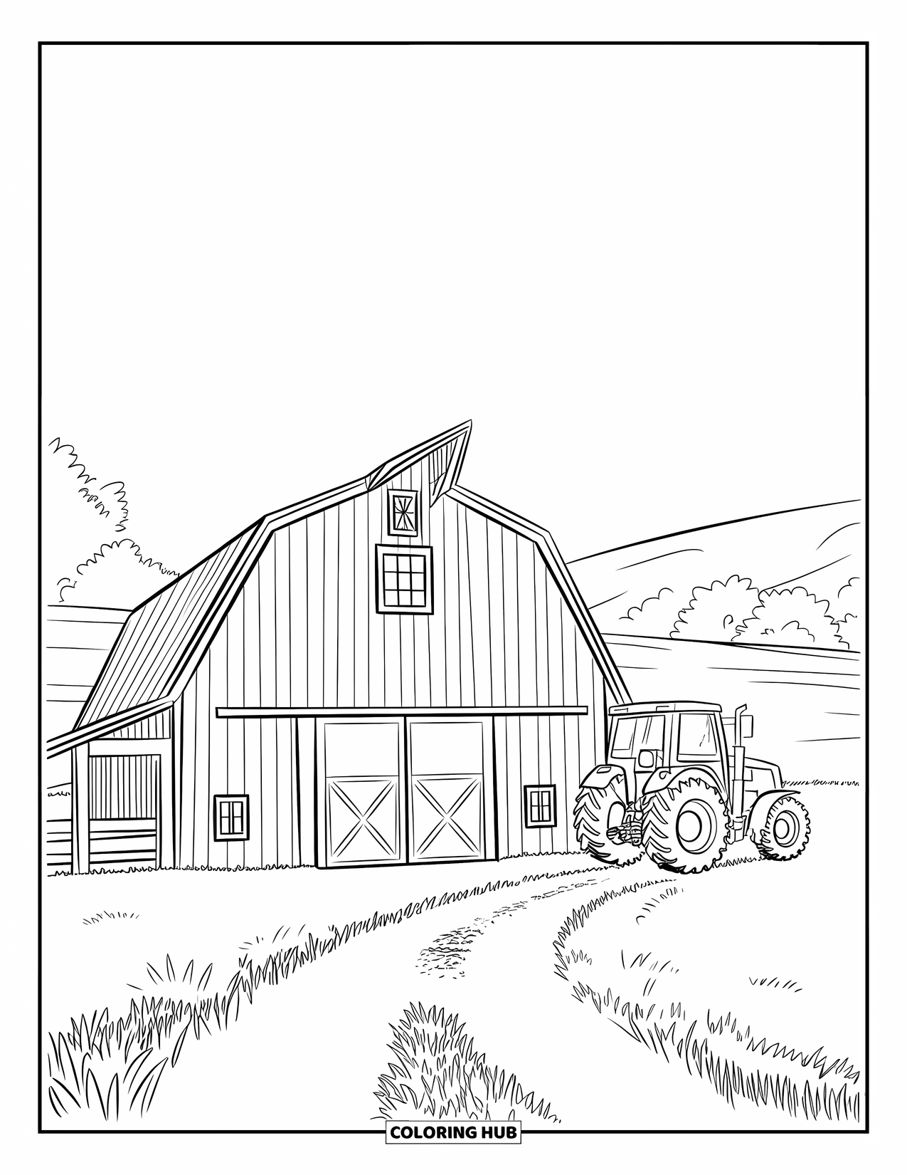 Barn Coloring Page for Kids: A gravel road leads to a barn with a parked tractor beside it