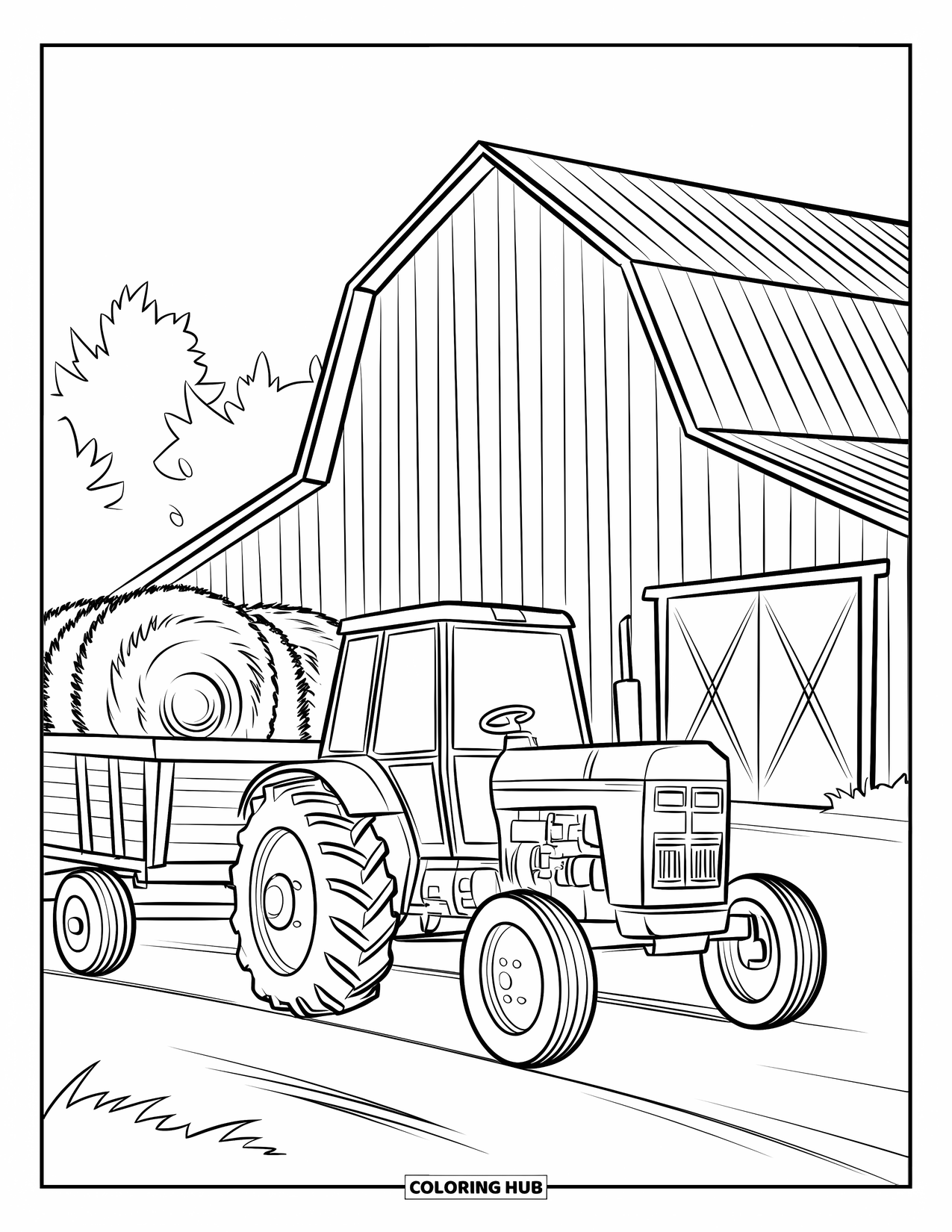 Barn Coloring Page for Kids: A large red barn stands behind a hay-filled wagon pulled by a tractor