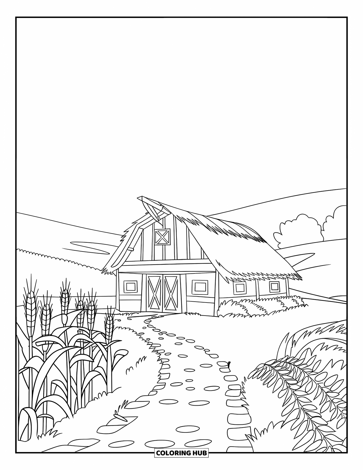 Barn Coloring Page for Kids: A path weaves through corn and wheat toward a quiet barn