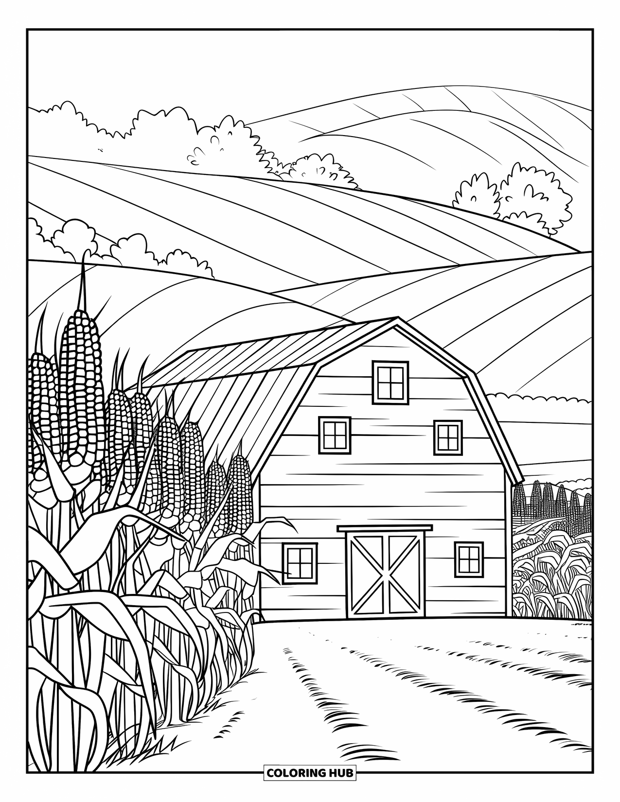 Barn Coloring Page for Kids: A red-doored barn peeks through tall corn in a peaceful setting