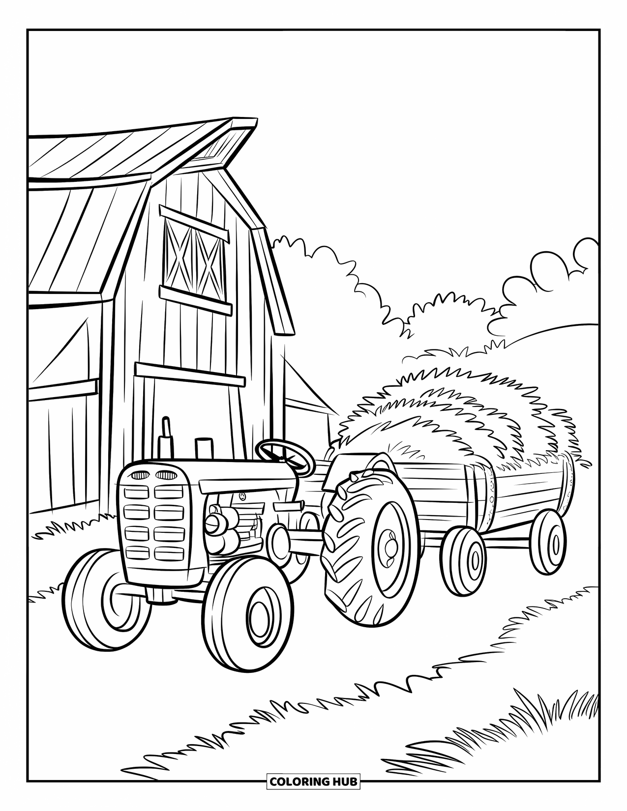 Barn Coloring Page for Kids: A red-roofed barn sits beside a tractor pulling a hay-filled wagon