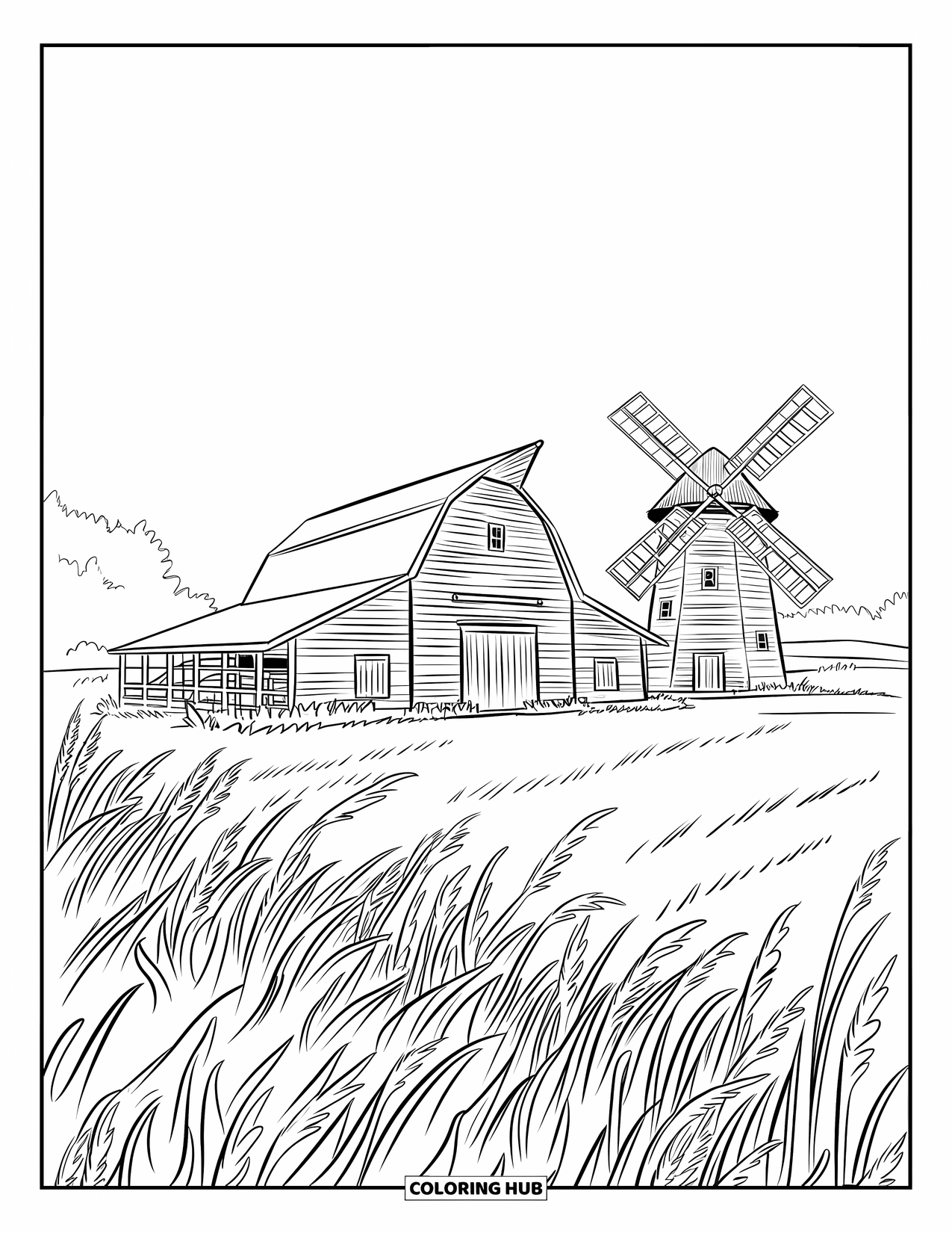Barn Coloring Page for Kids: A rustic barn and windmill stand in a breezy green field