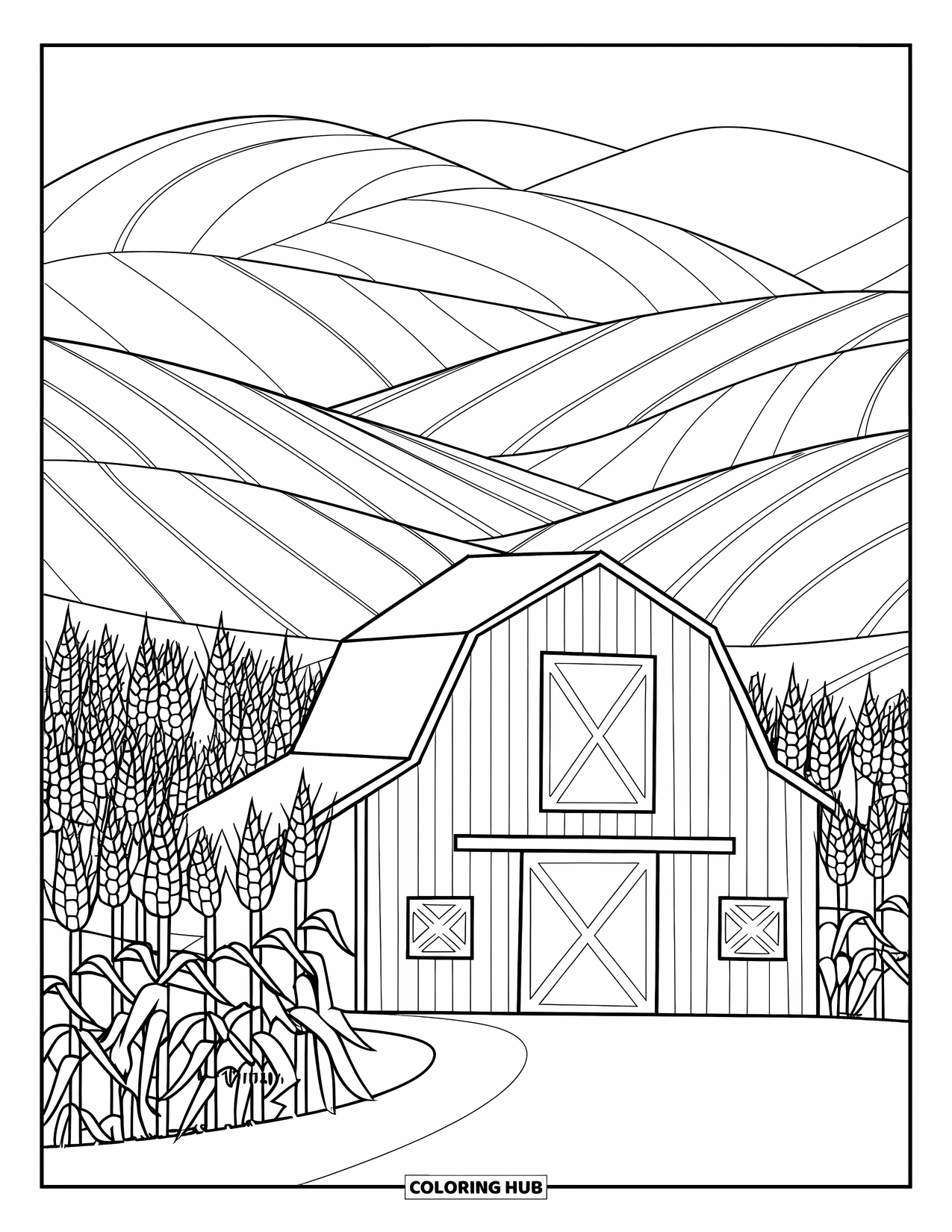 Barn Coloring Page for Kids: A rustic barn is surrounded by corn stalks and distant hills