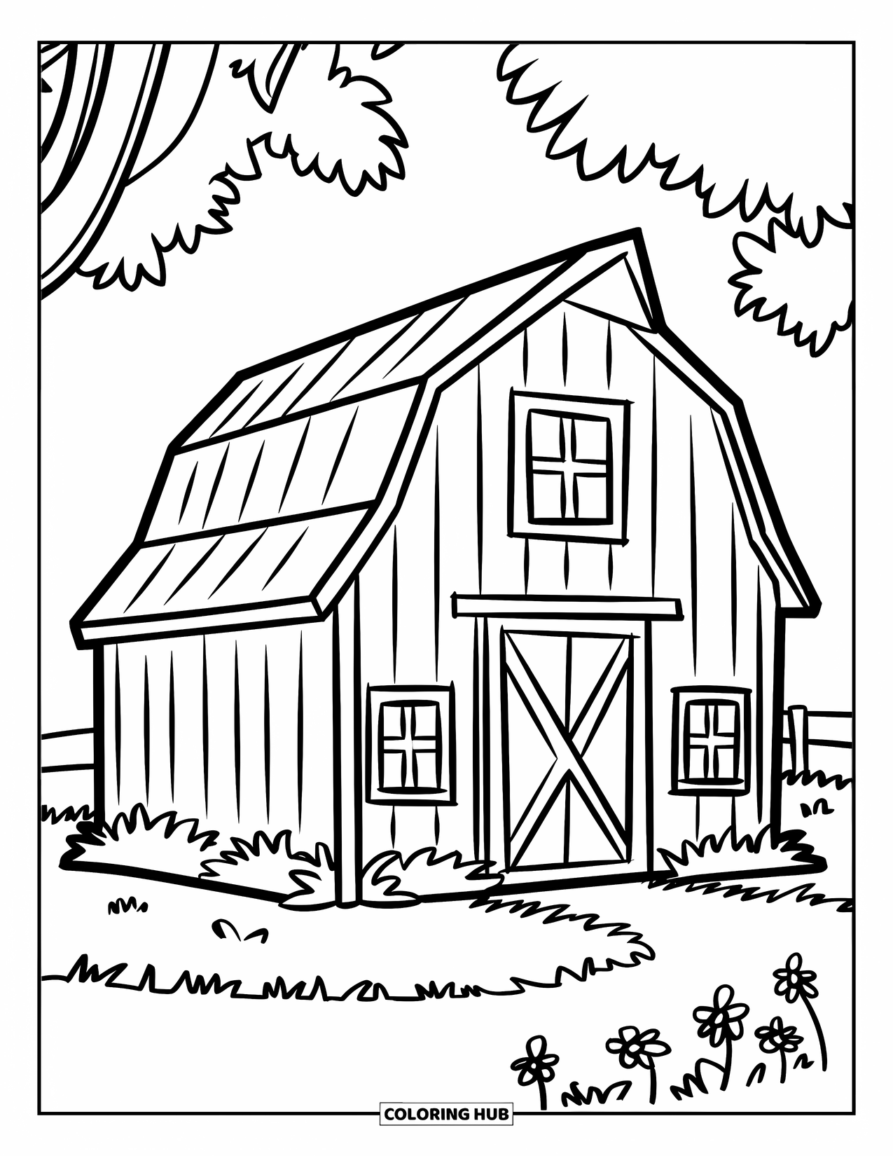 Barn Coloring Page for Kids: A simple barn sits in grassy fields with tiny flowers around it