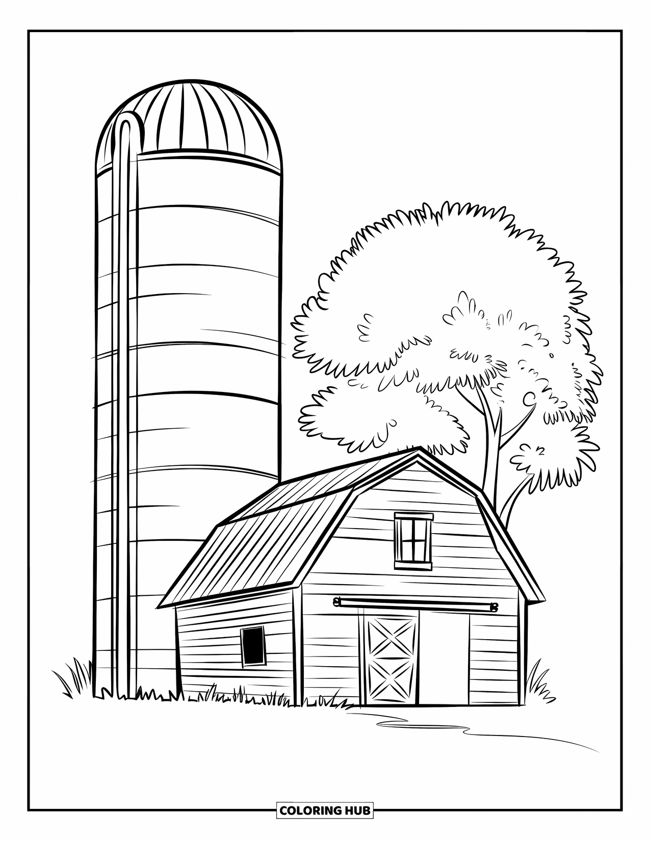 Barn Coloring Page for Kids: A simple barn with a tall silo and tree sits on flat land
