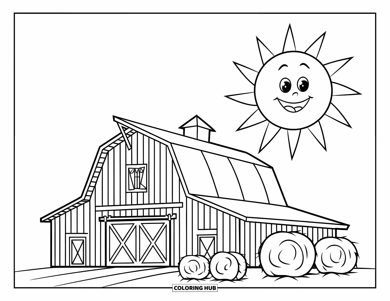 Barn Coloring Page for Kids: A smiling sun shines over a barn with hay bales in front