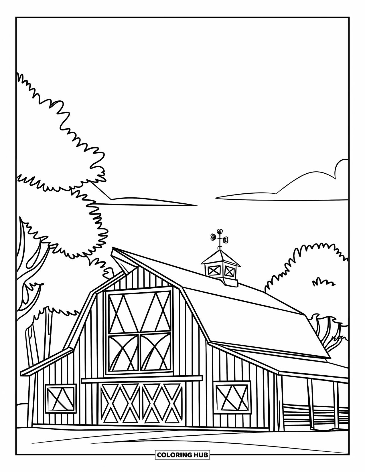 Barn Coloring Page for Kids: A tall-roofed barn with a weather vane stands surrounded by trees and clouds