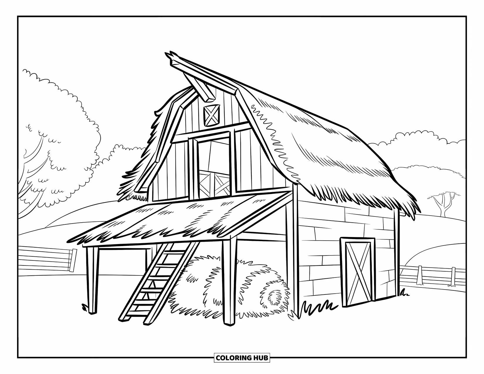 Barn Coloring Page for Kids: A thatched barn with hay and a loft stands in a peaceful countryside