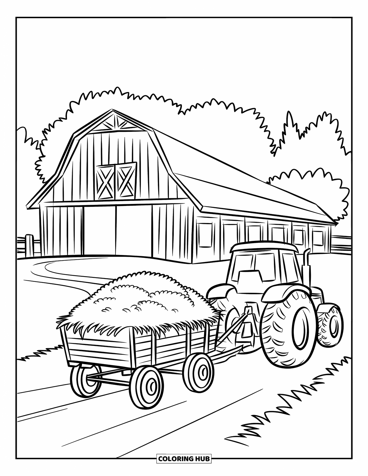 Barn Coloring Page for Kids: A tractor hauls hay to a wooden barn under a tree-lined sky