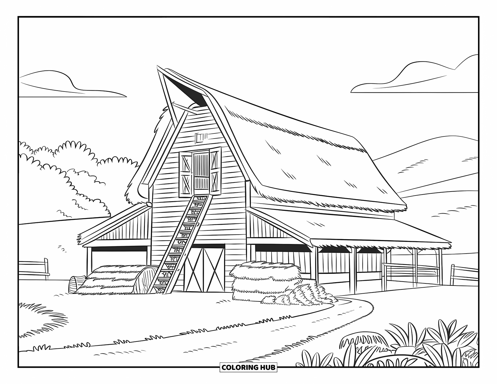 Barn Coloring Page for Kids: A two-level barn has hay below and a ladder to the loft