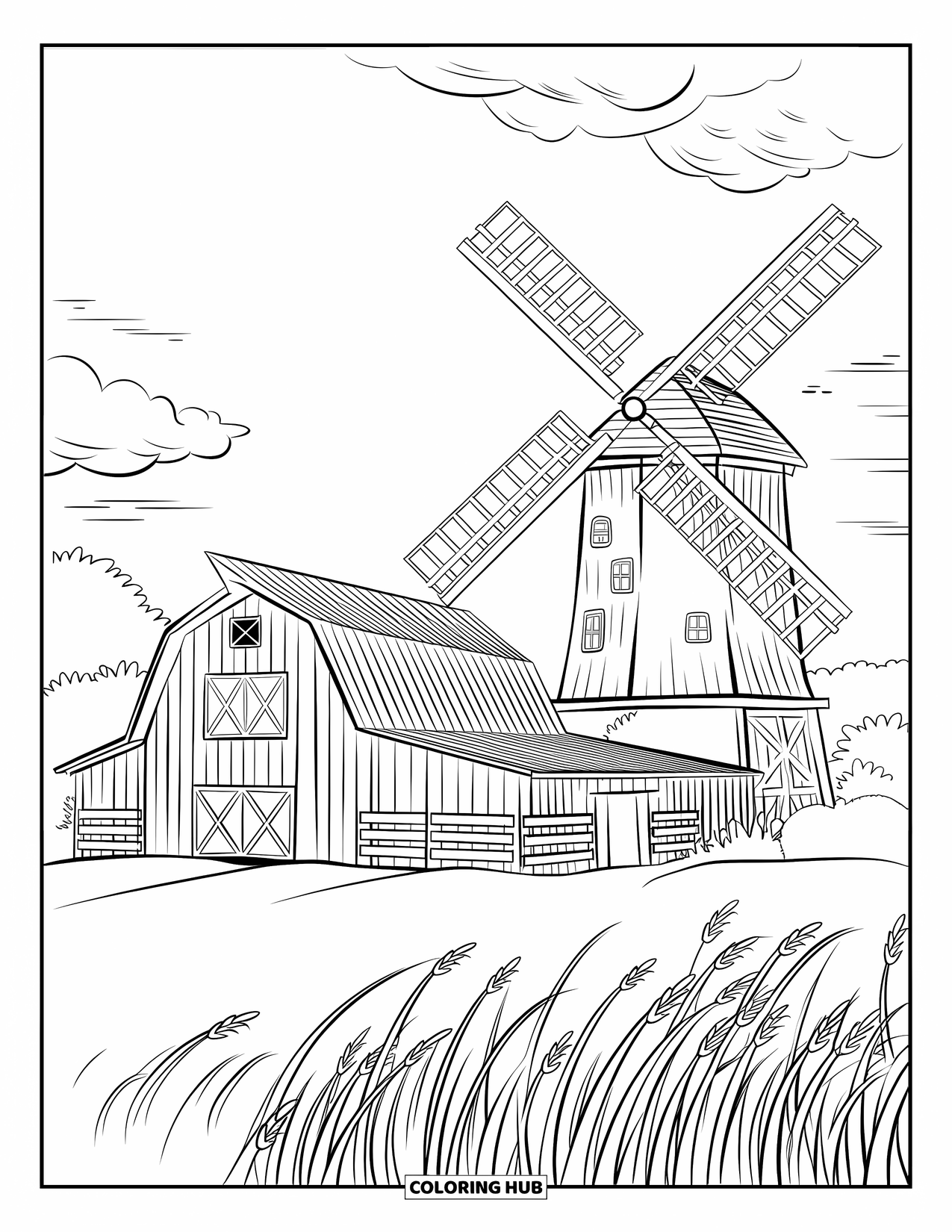 Barn Coloring Page for Kids: A vintage barn and windmill rise above long swaying grass