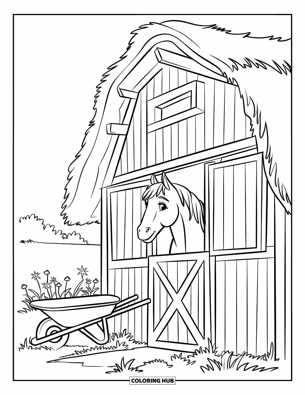 Barn Coloring Page for Kids: A white horse stands inside a barn, gazing through the open door