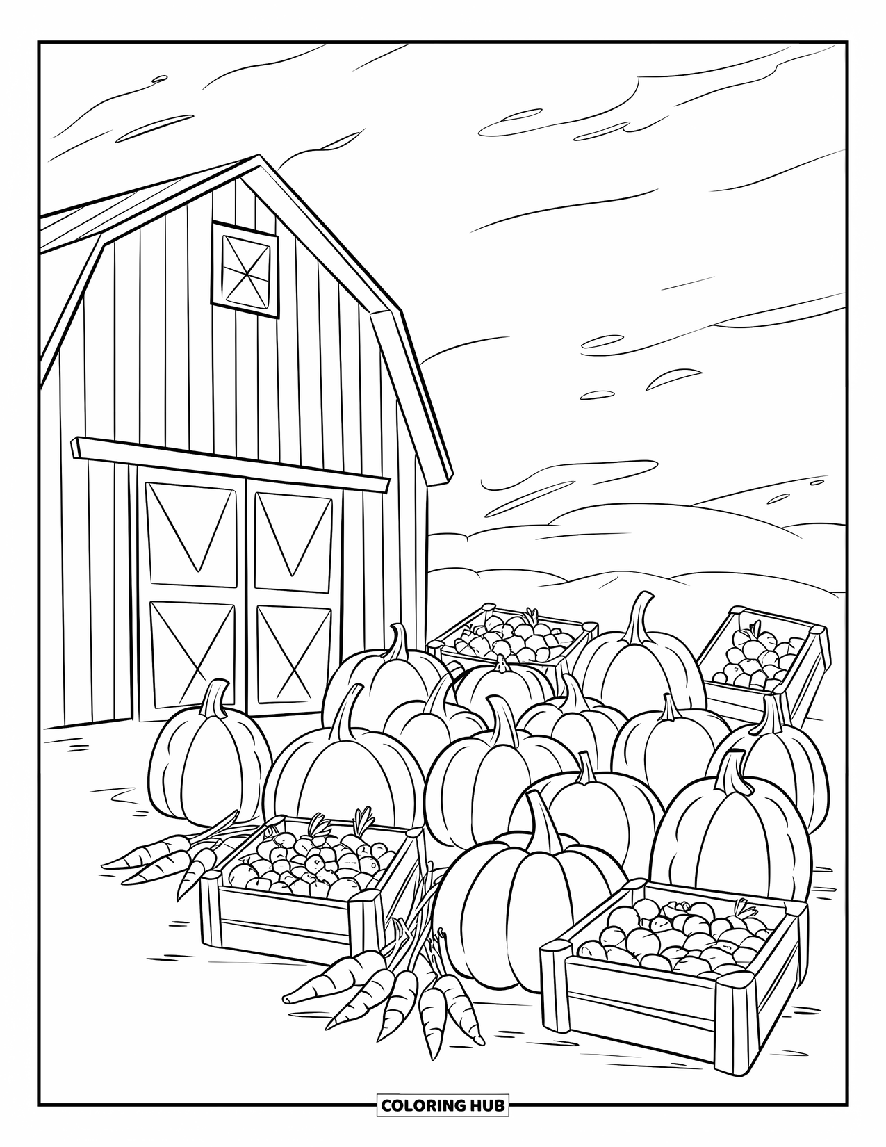Barn Coloring Page for Kids: Pumpkins and veggies surround a bright barn under fluffy clouds