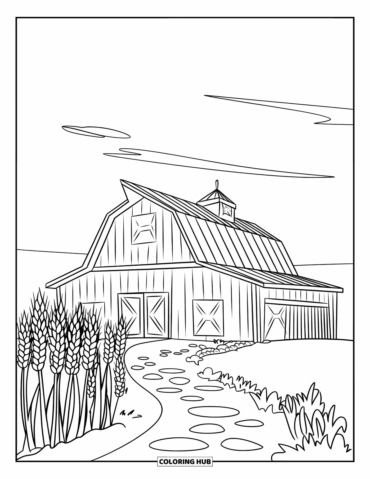 Barn Coloring Page for Kids: Stone steps lead to a barn surrounded by golden wheat fields