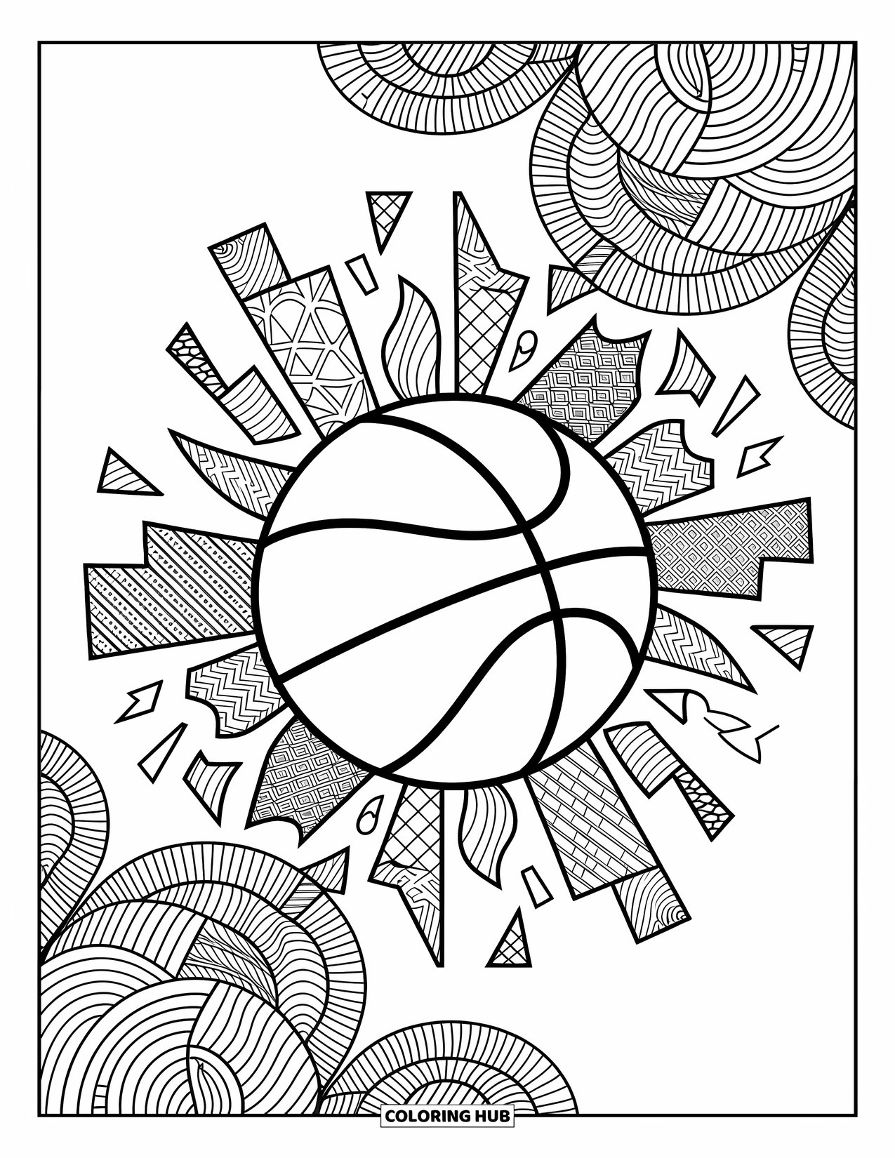 Basketbal kleurplaat voor volwassenen: Een bal breekt in wervelende shirt- en netfragmenten, omringd door vredige ontwerpen