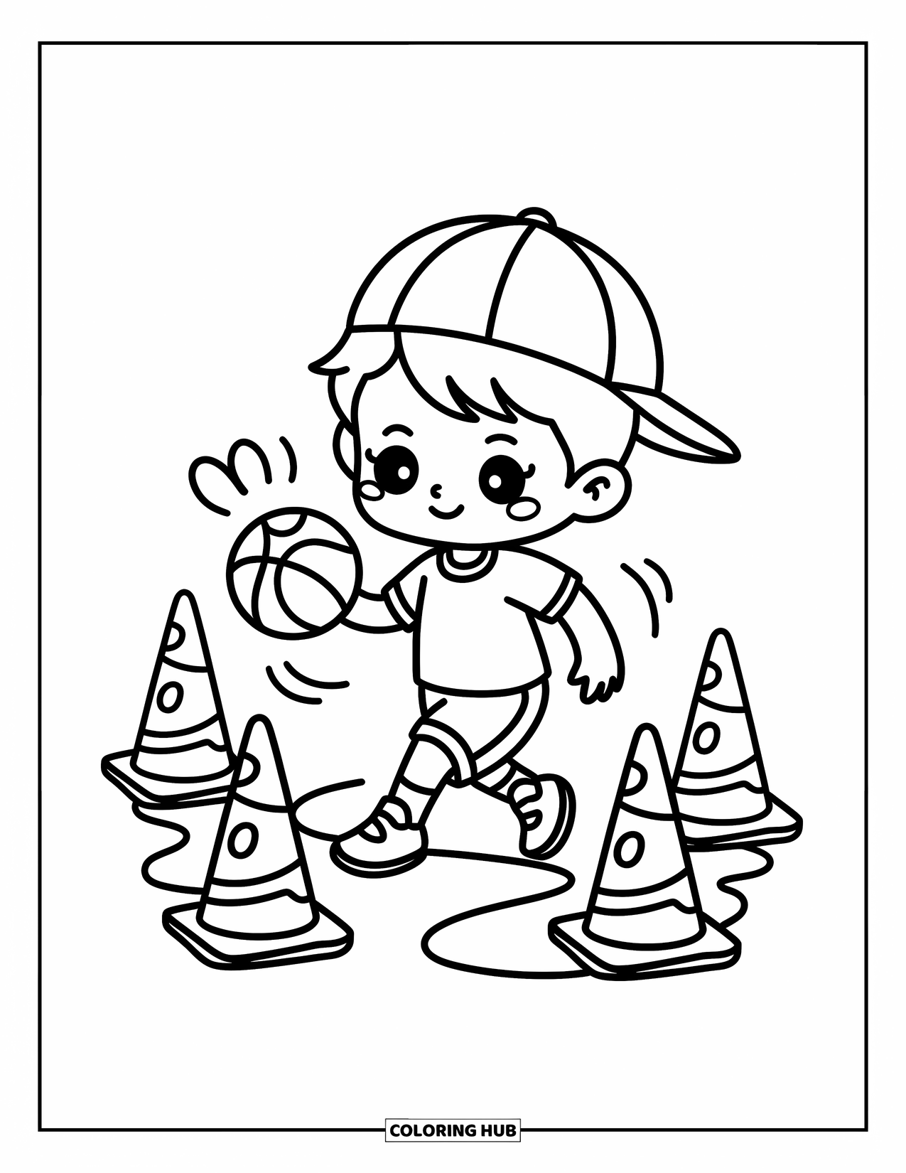 Basketbal kleurplaat voor volwassenen: Een vrolijke jongen dribbelt een bal rond kegels en laat leuke bewegingssporen achter